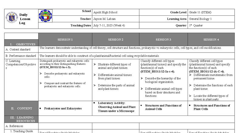 DLL BIO1 Q1 2025: Understanding Cell Theory & Tissues - Studocu