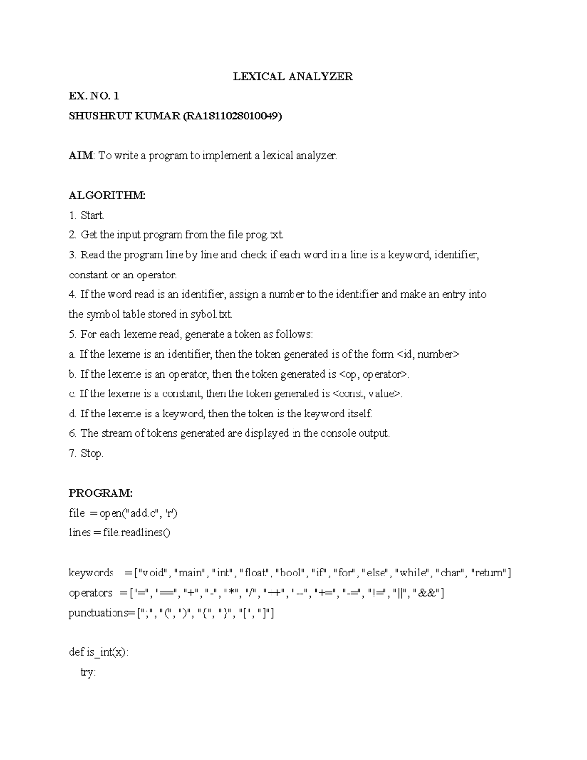 RA1811028010049 - Lexical Analyzer Implementation Guide - Studocu