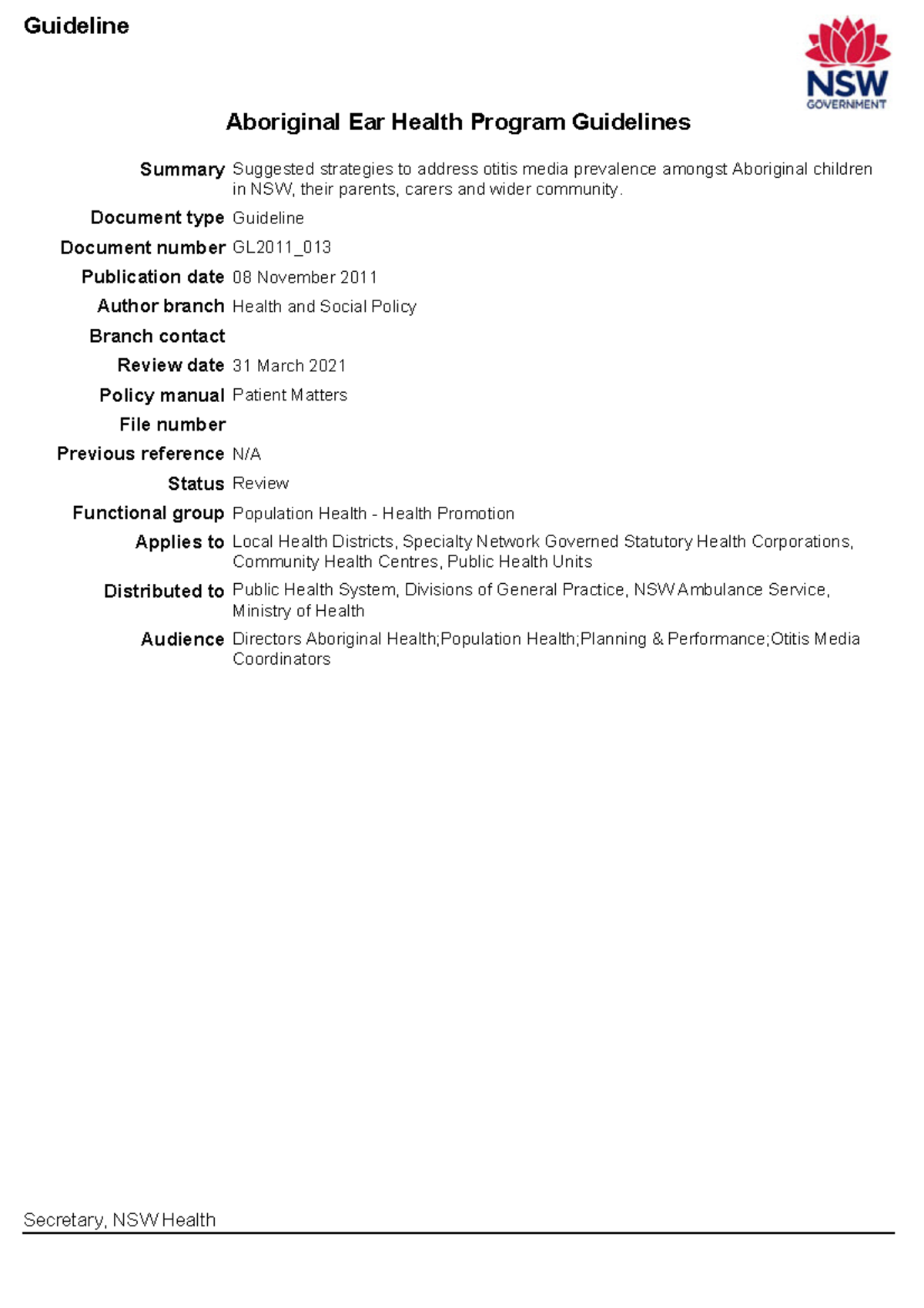 Aboriginal Ear Health Program Guidelines - Document type Guideline ...