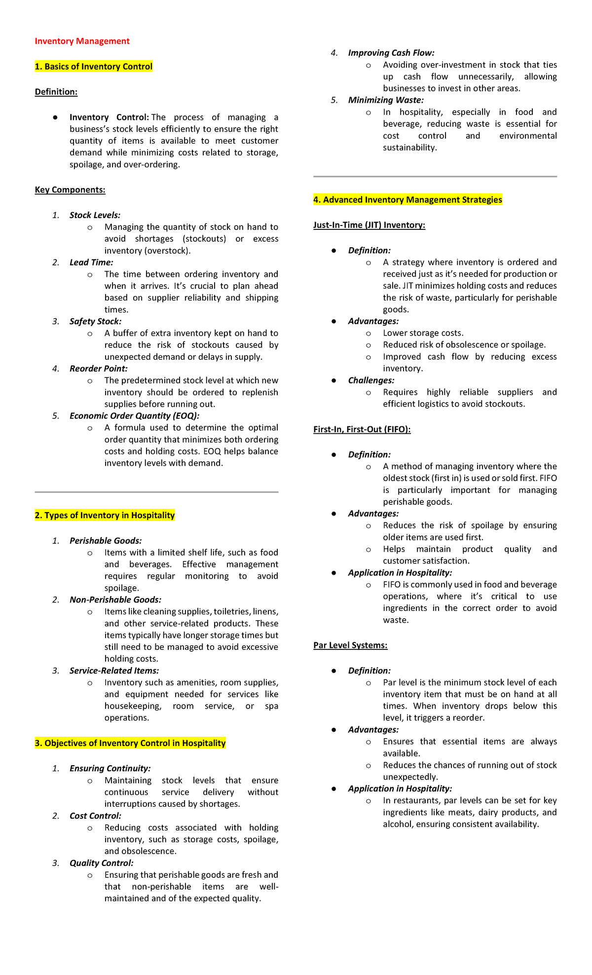 TQM- Finals Notes: Key Concepts in Inventory Management - Studocu