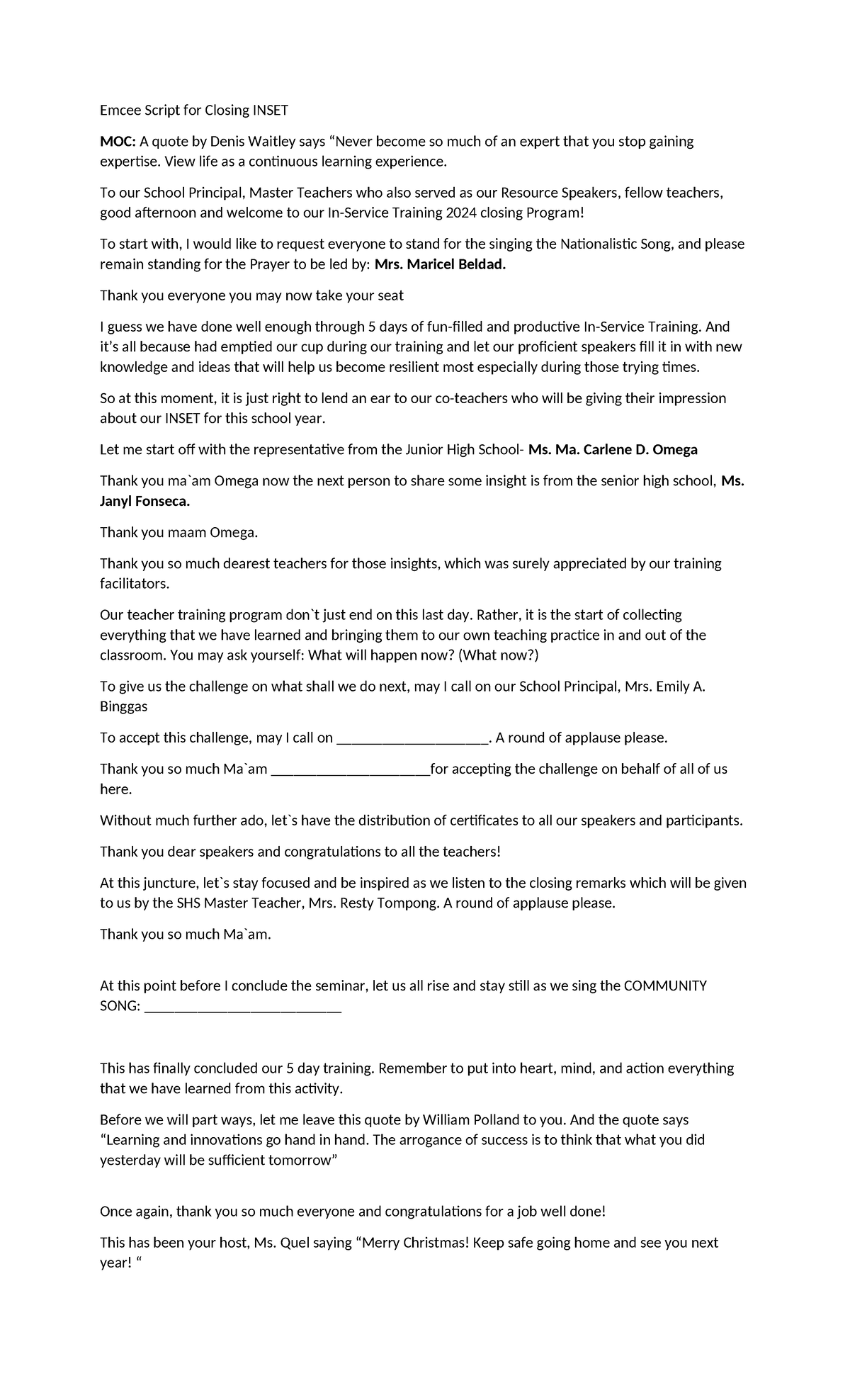 Emcee Script for Closing INSET 2024: Celebrating Learning and Growth ...