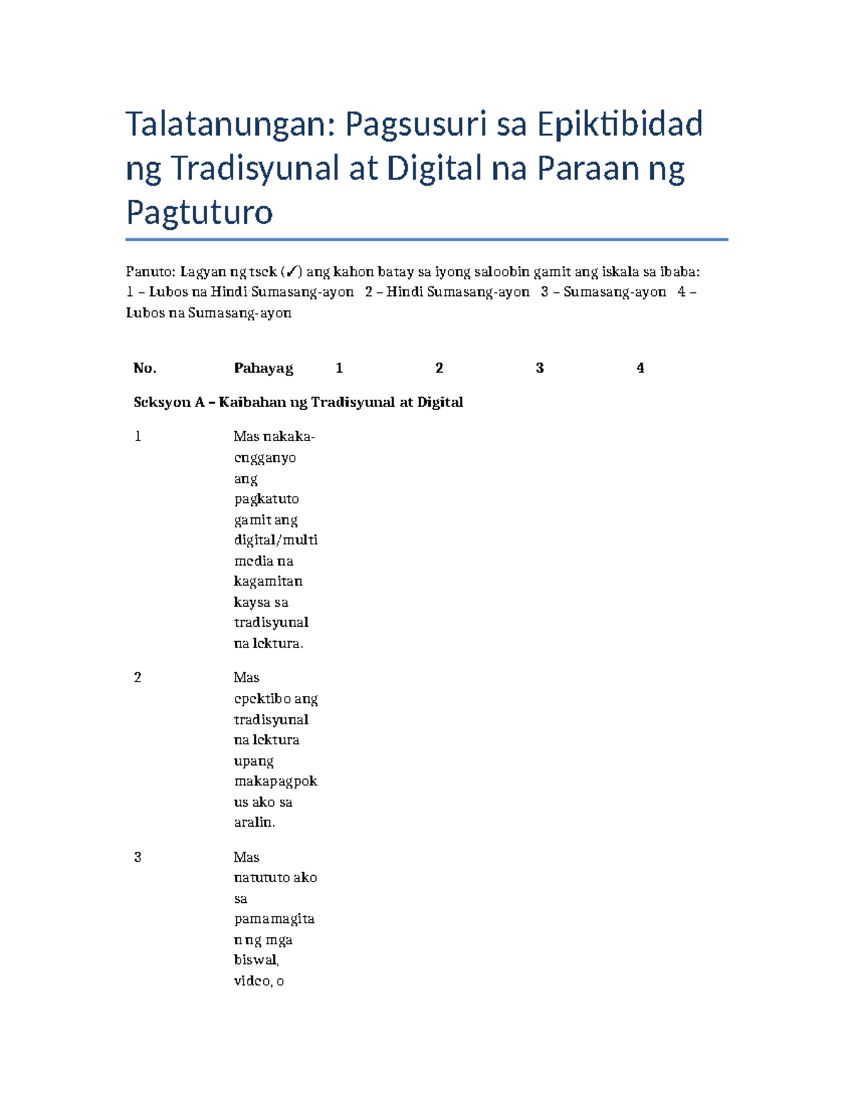 Talatanungan: Pagsusuri sa Tradisyunal at Digital na Pagtuturo - Studocu