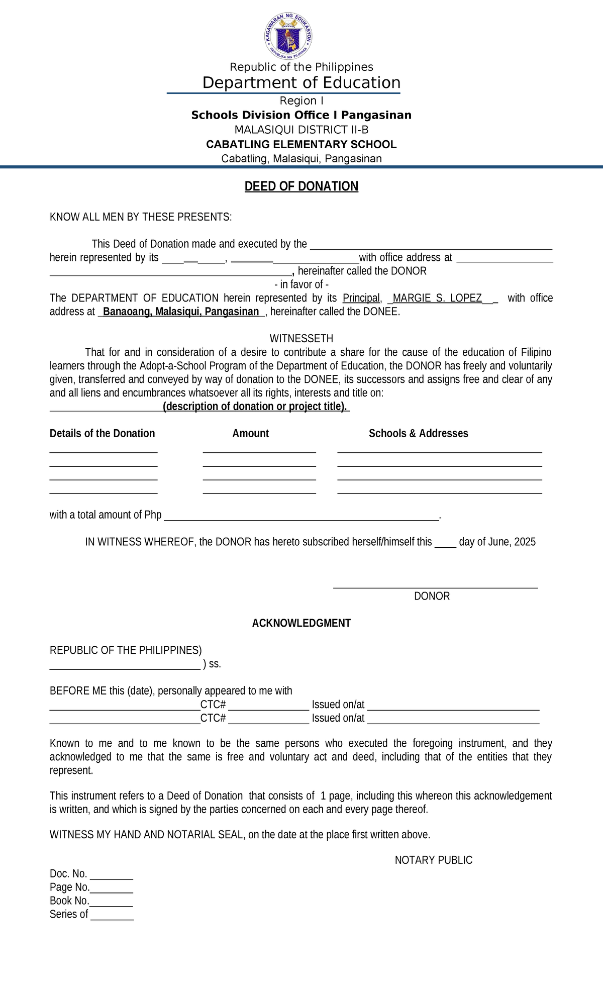 Sample Deed of Donation for Education - DepEd Region I - Studocu