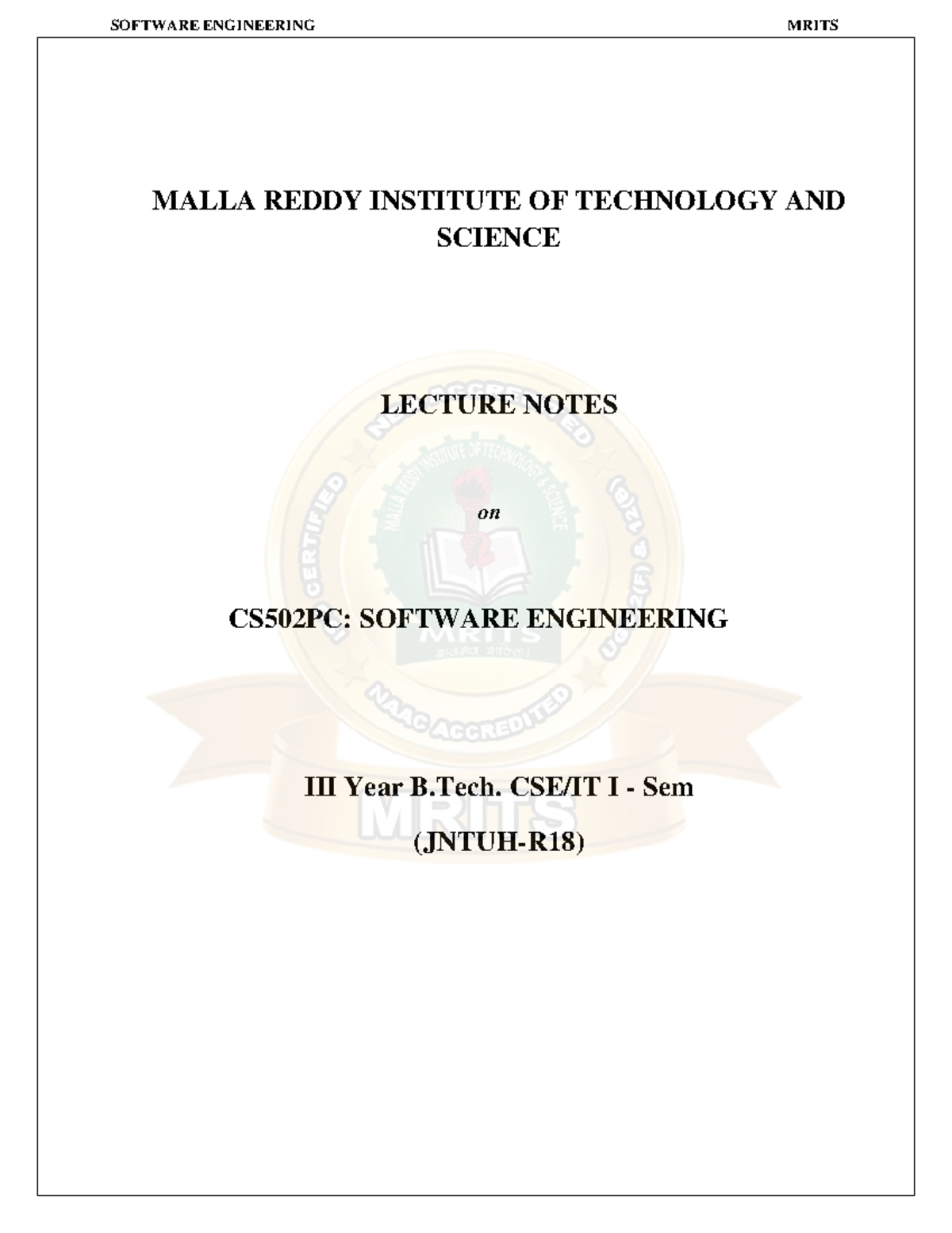 CS502PC: Software Engineering Lecture Notes - MRITS Malla Reddy ...
