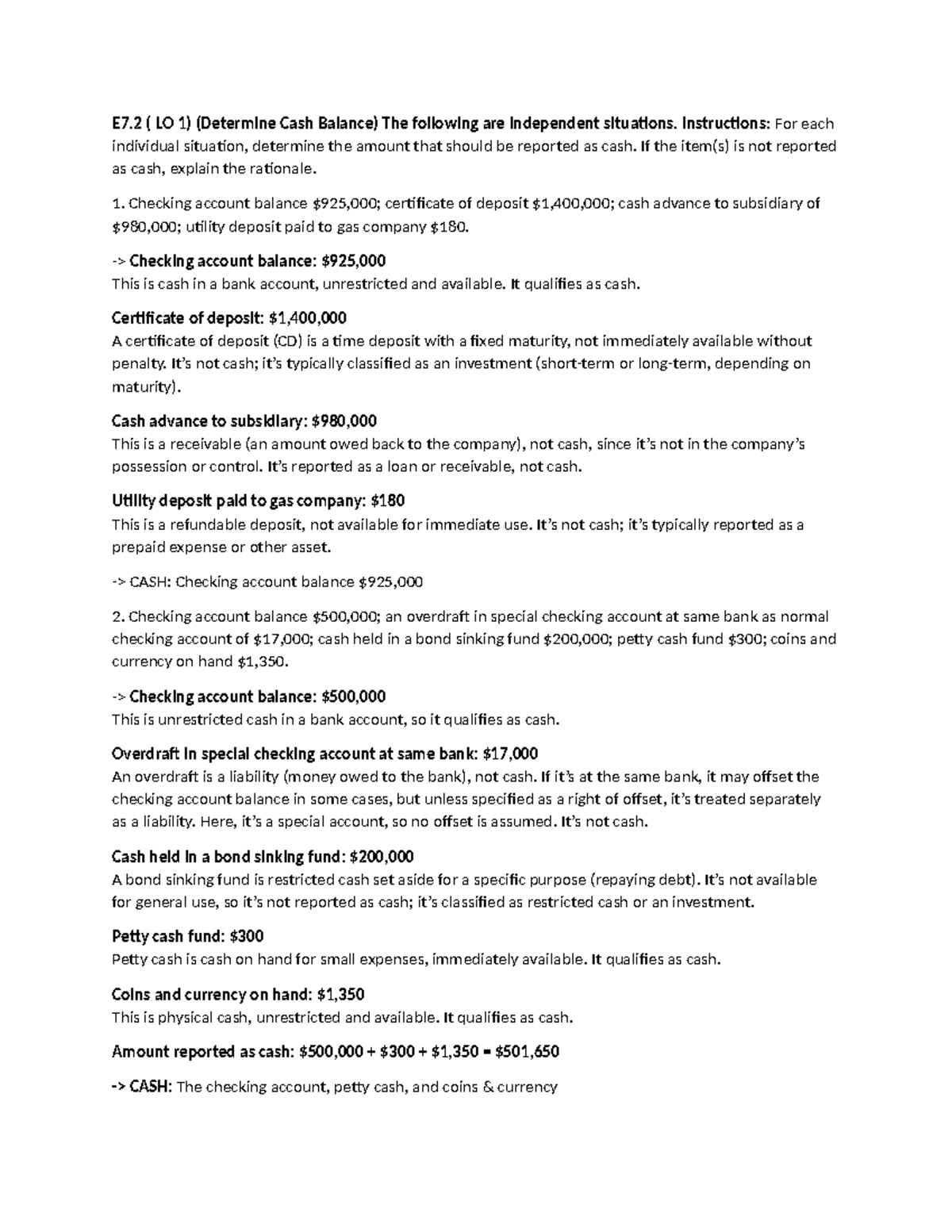 E7.2 (LO 1) Cash Balance Determination: Independent Situations Analysis -  Studocu