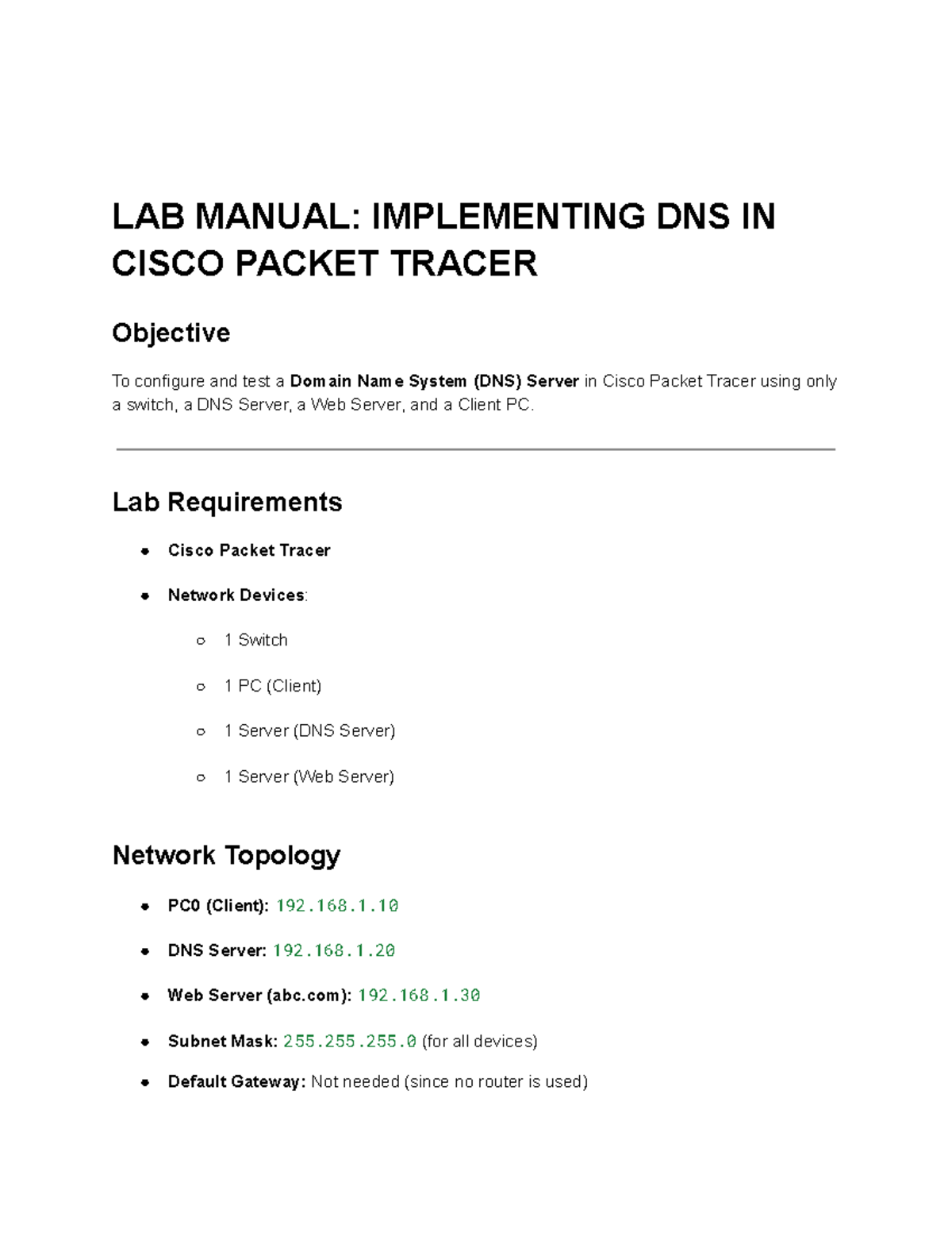 LAB Manual: Configuring DNS in Cisco Packet Tracer - Studocu
