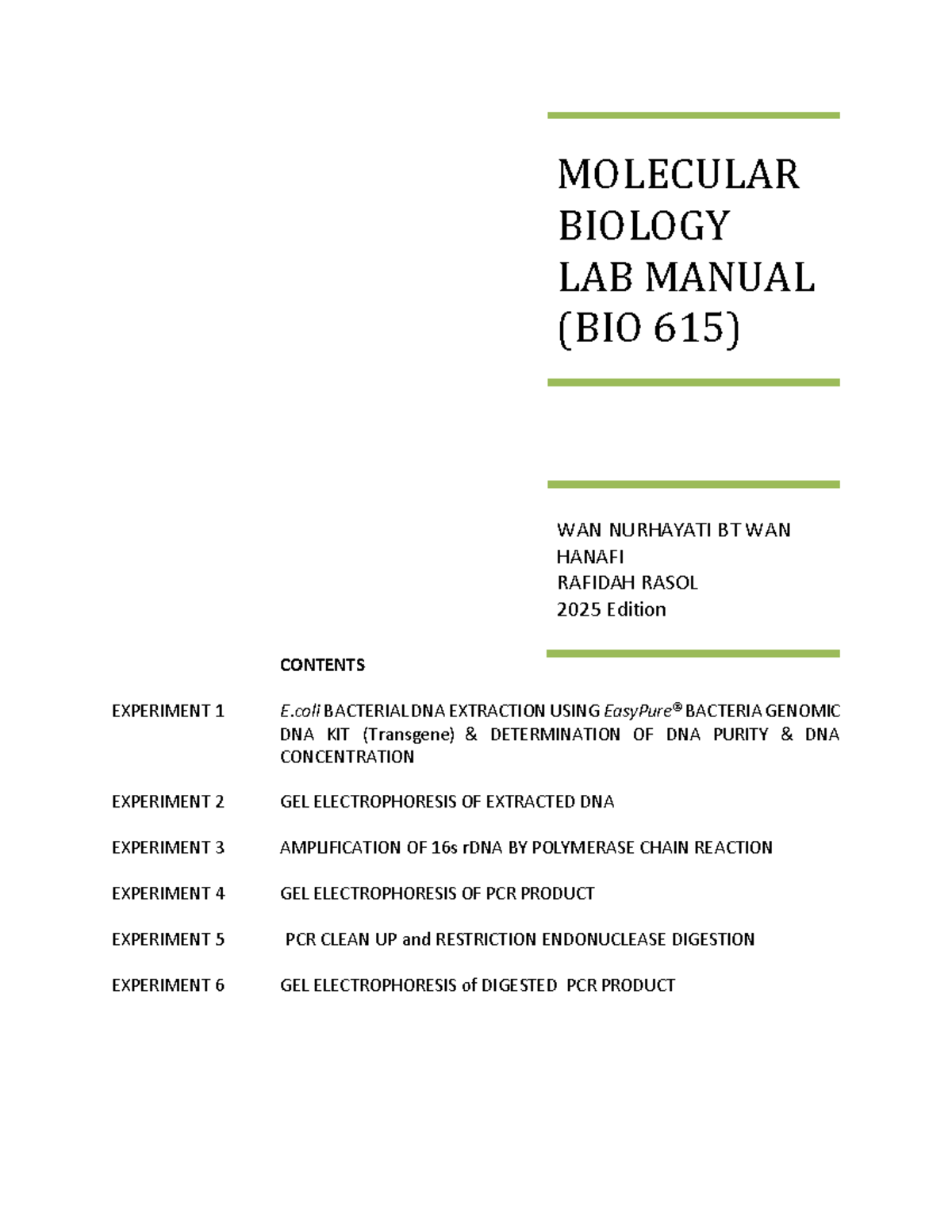 LAB Manual for Molecular Biology (BIO 615) - 2025 Edition with Postlab ...