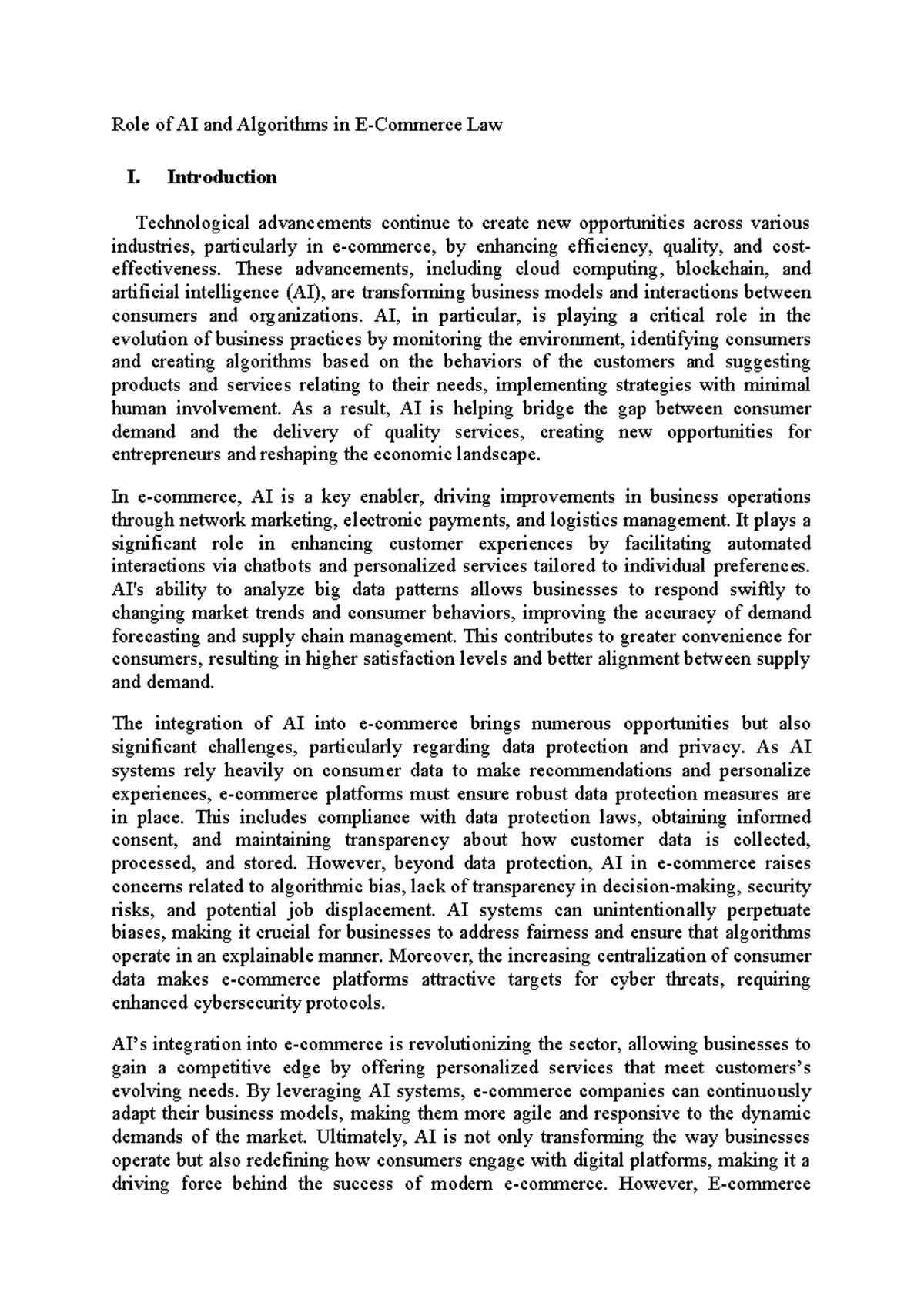 Role of AI and Algorithms in E-Commerce Law - Copy - Introduction ...