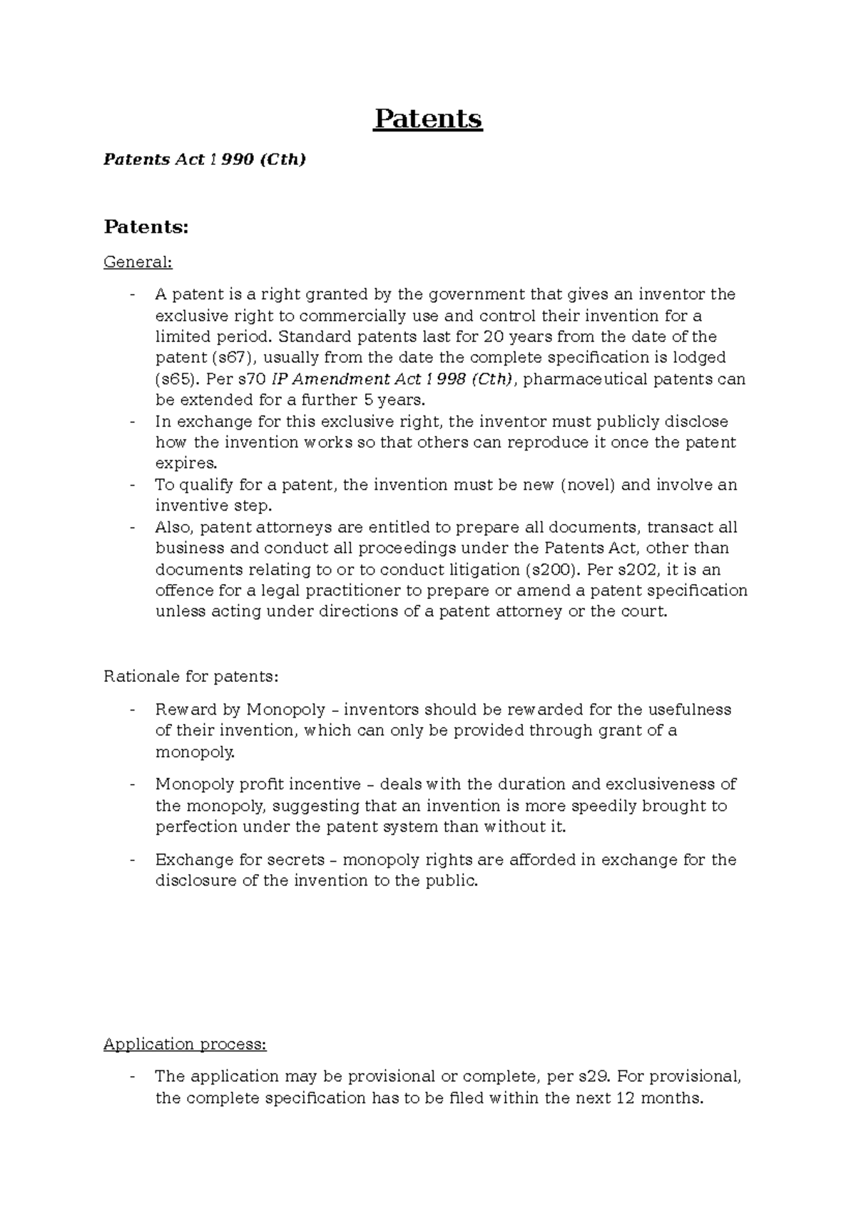 Patents Act 1990 (Cth) - Comprehensive HD Notes on Patent Law - Studocu