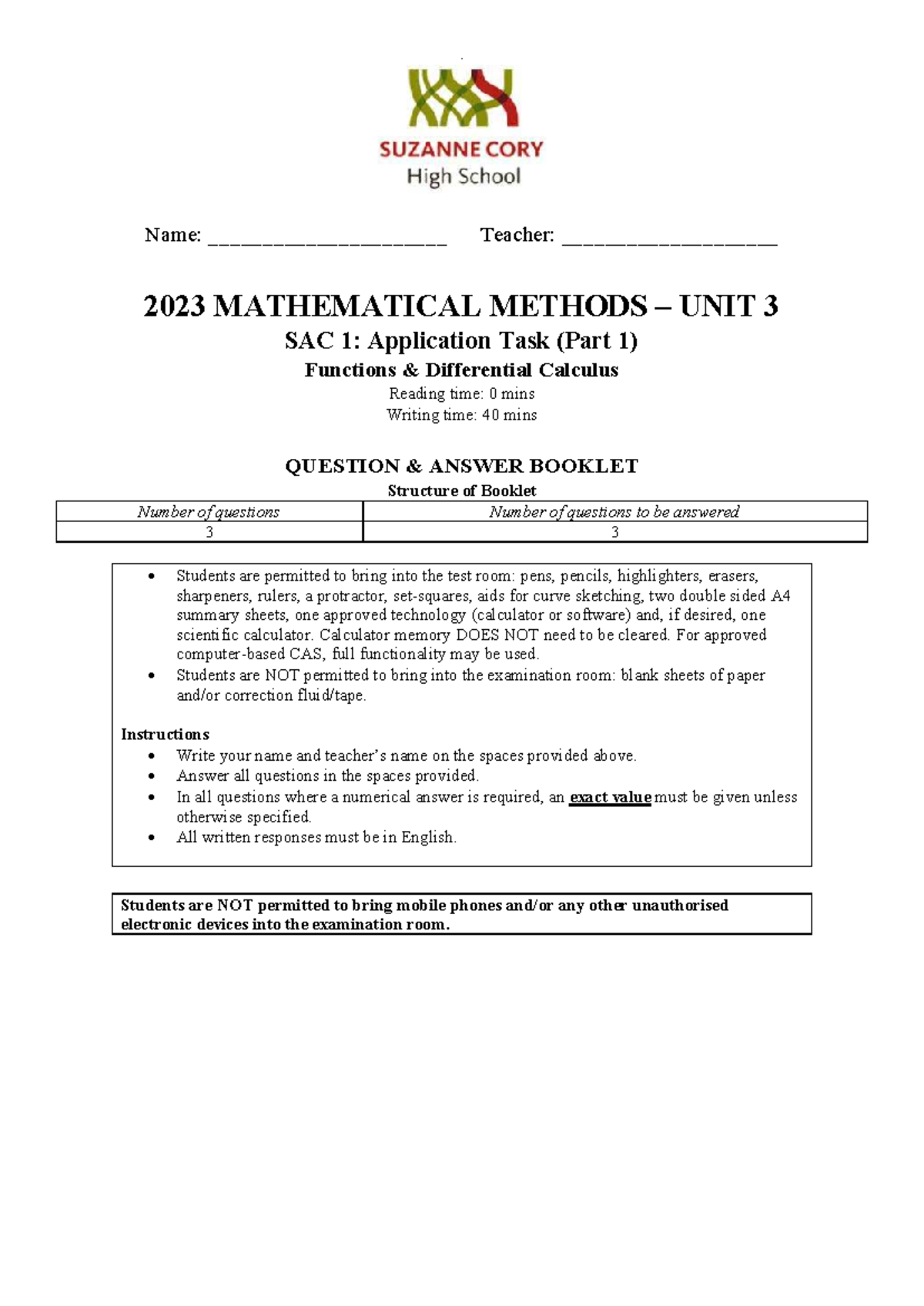 2023 MATHEMATICAL METHODS UNIT 3 SAC 1: Functions & Differential ...