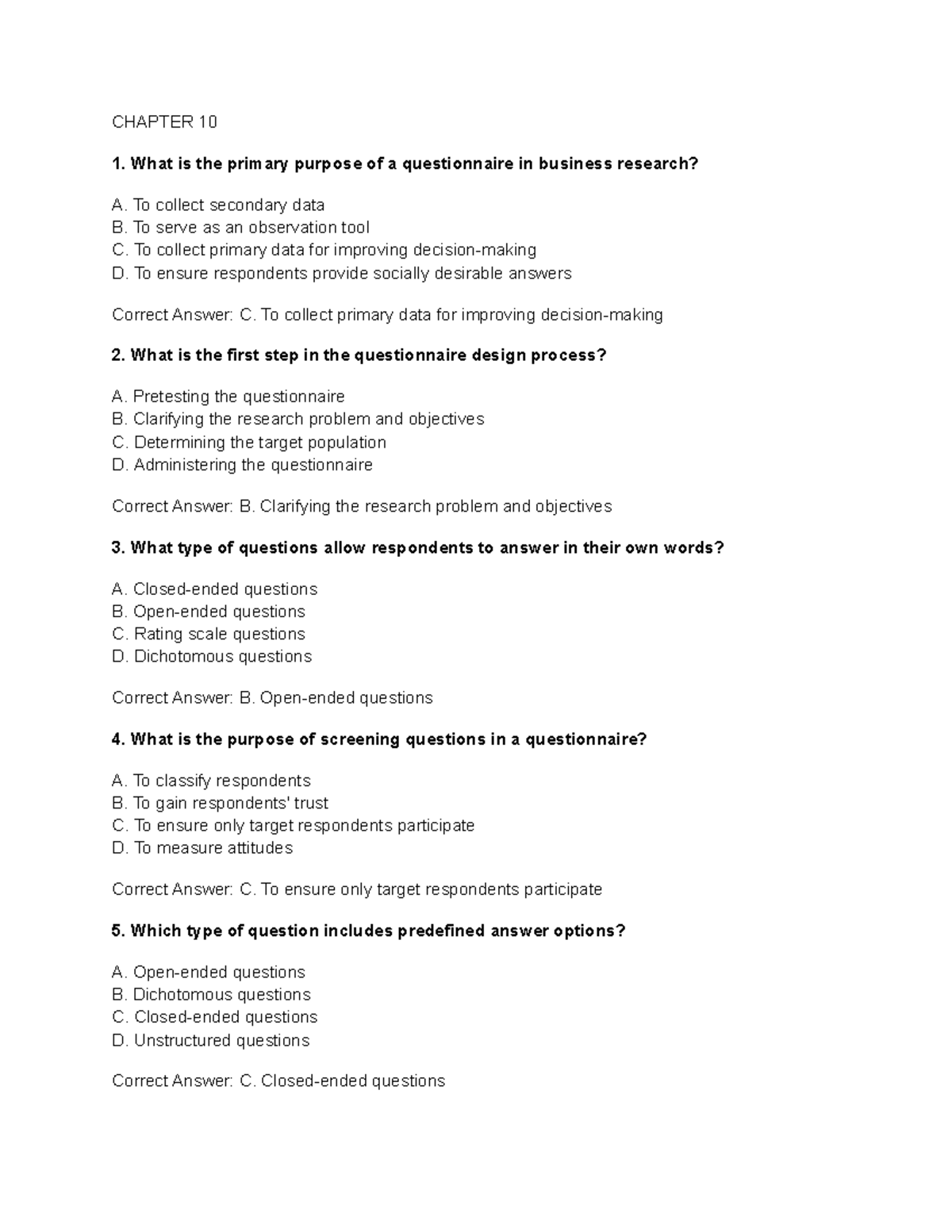 CHAPTER 10: Questionnaire Design in Business Research - Exam Prep - Studocu