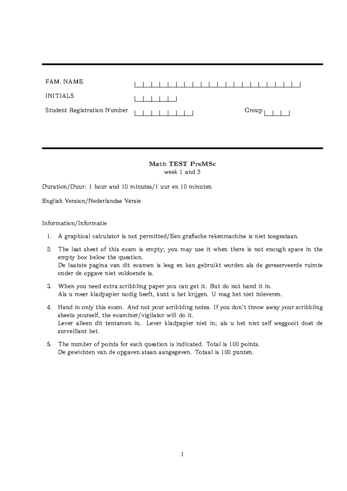 Mock Exam - Math PreMSc (Weeks 1-6) Practice Questions - Studeersnel
