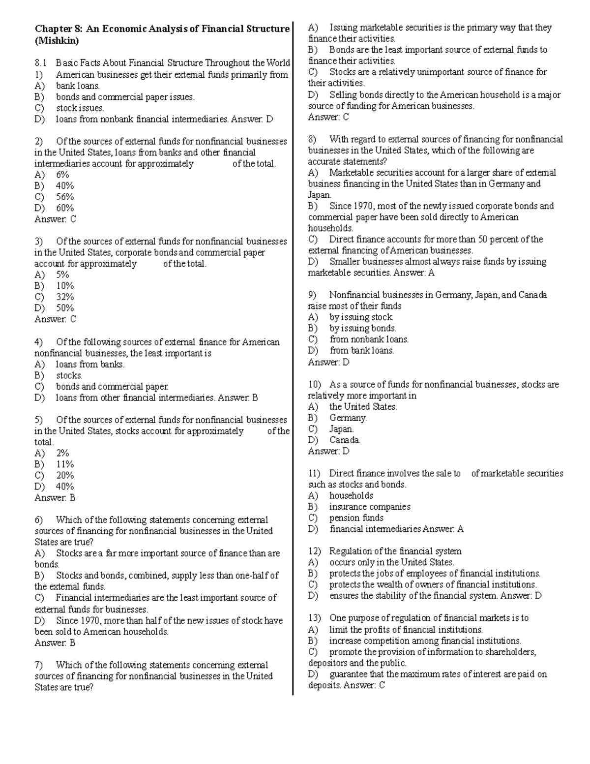 Chapter 8: Financial Structure Analysis MCQs (Mishkin) - Studocu