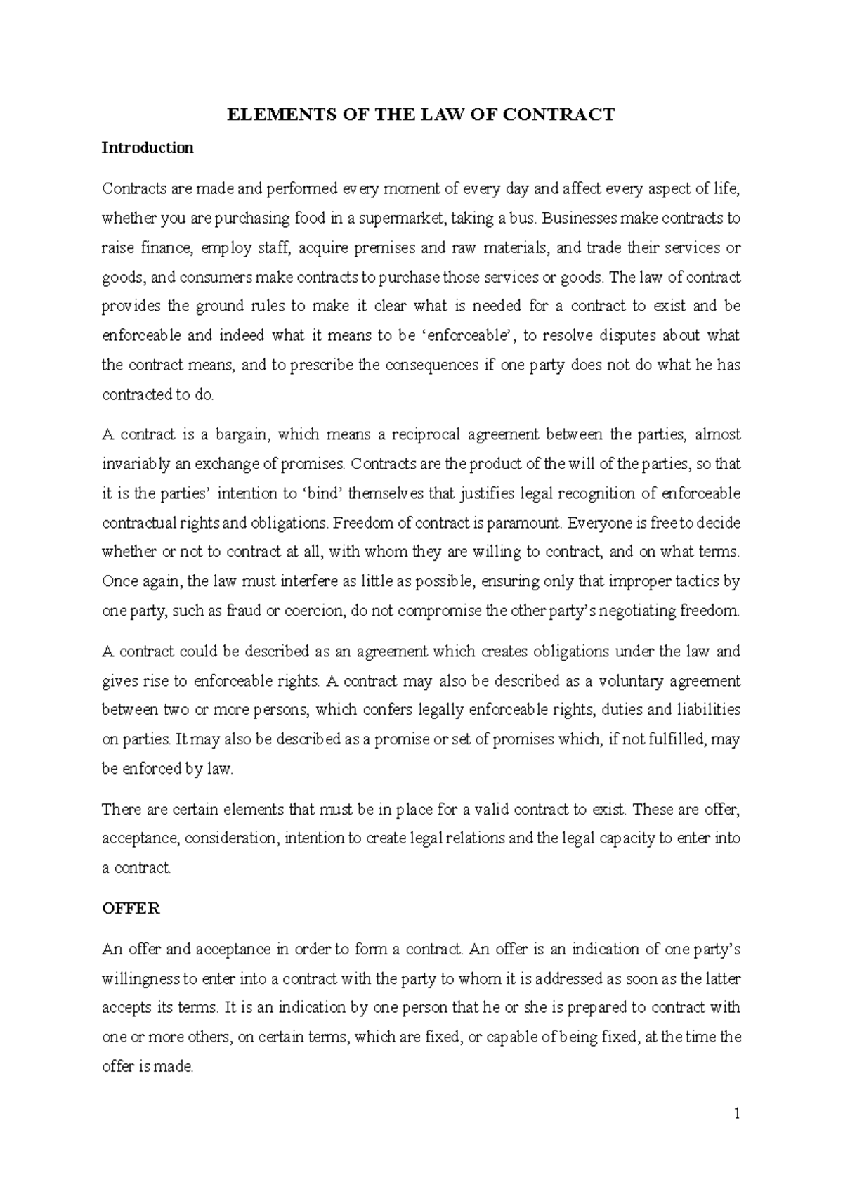Elements of the Law of Contract 1: Key Principles and Cases - Studocu