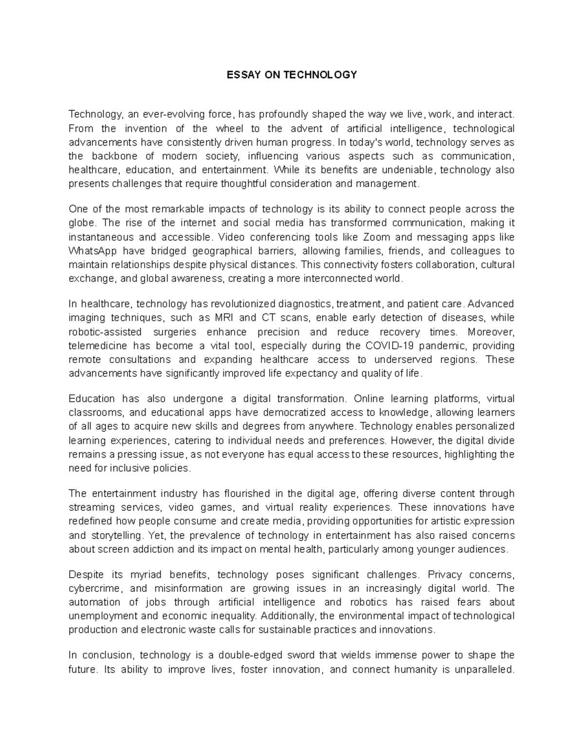 Essay on Technology: Impact, Benefits, and Challenges - Studocu