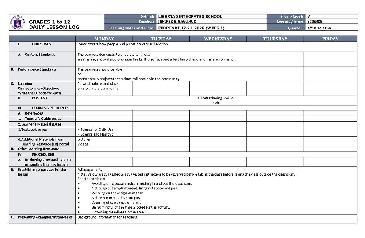 DLL Science 5 Q4 W2 - more notes - GRADES 1 to 12 DAILY LESSON LOG ...
