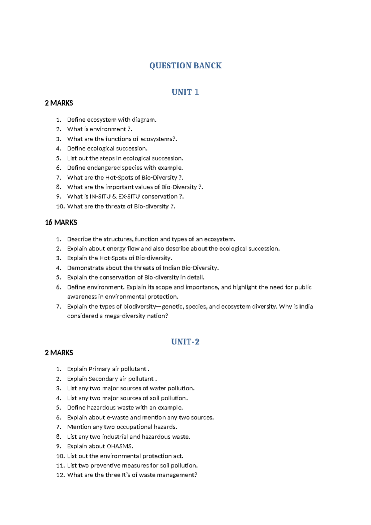Unit 1 Ecosystem & Environmental Concepts - Question Bank AD - Studocu