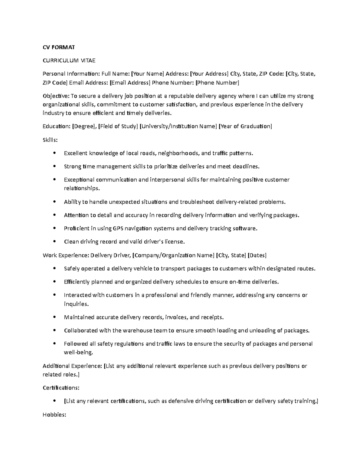 CV Format - Assignment - CV FORMAT CURRICULUM VITAE Personal ...
