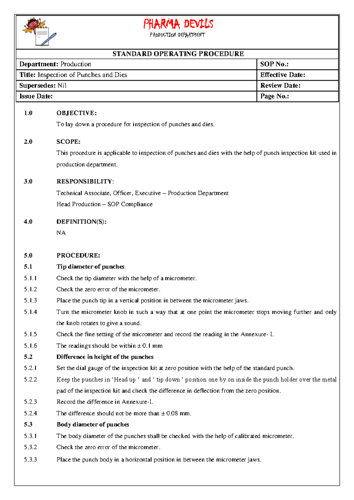 SOP for Inspection of Punches and Dies in Production Dept. - Studocu