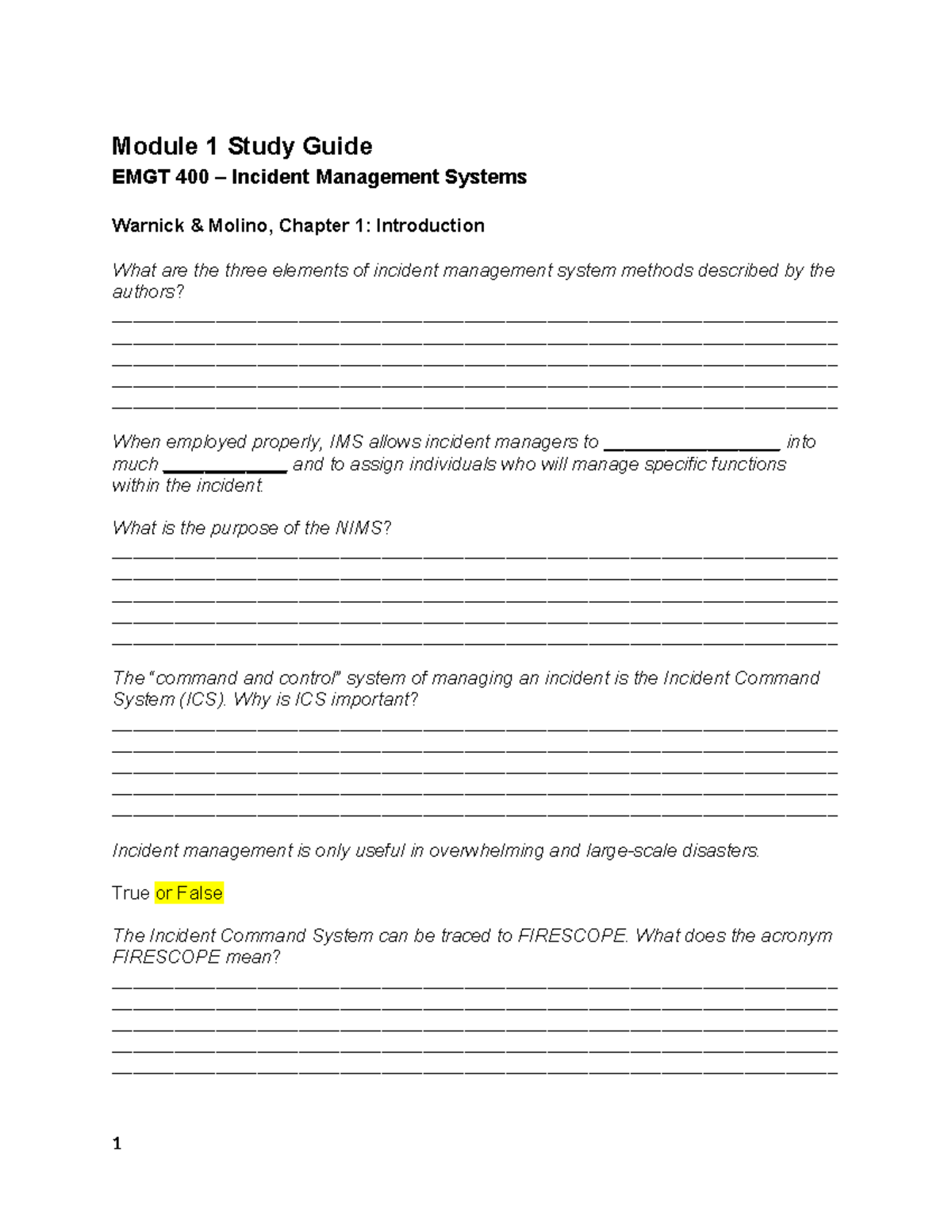 EMGT 400 Module 1 Study Guide: Incident Management Systems Overview ...
