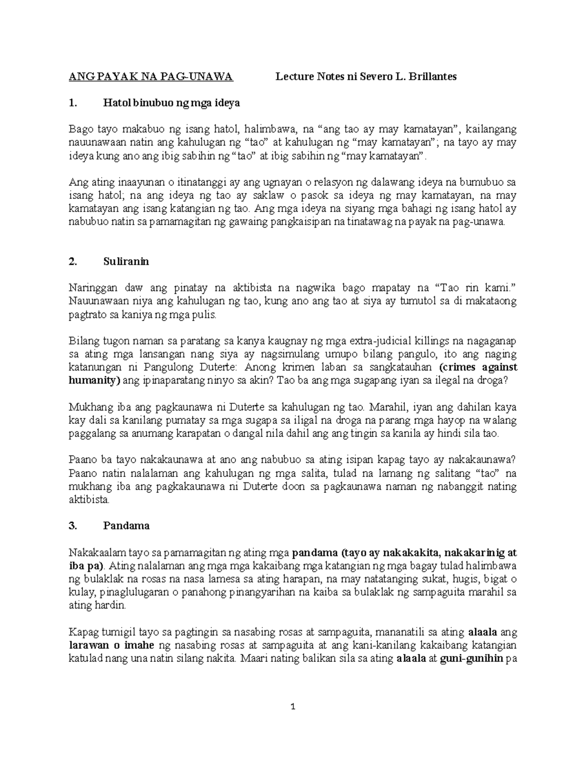 ANG PAYAK NA PAG-UNAWA: Lecture Notes ni Severo L. Brillantes - Studocu
