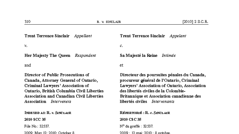 R. v. Sinclair: Analysis of Section 10(b) Rights in Custodial ...