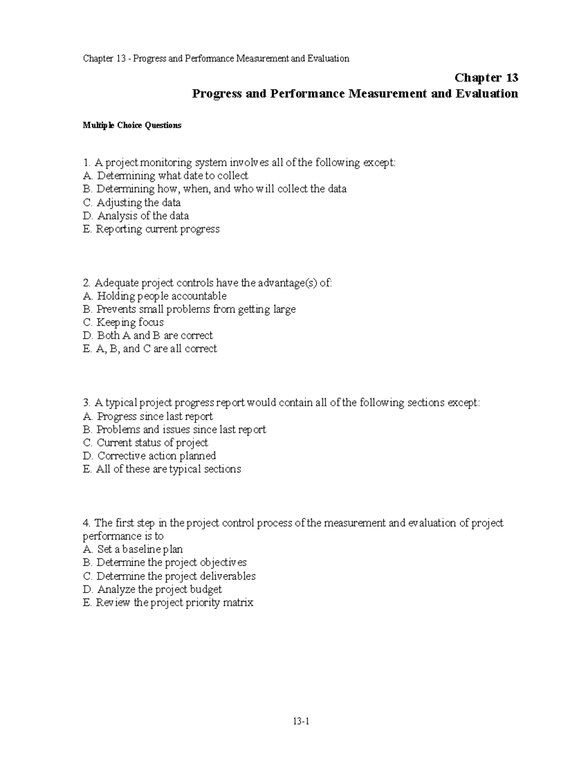 CH13 Testbank: Project Progress and Performance Measurement - Studocu