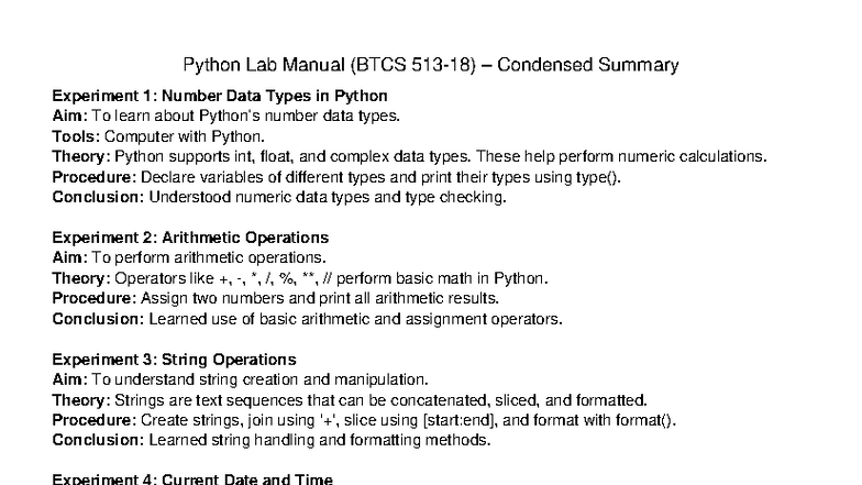 Python Lab Manual (BTCS) - Condensed Summary of Experiments - Studocu