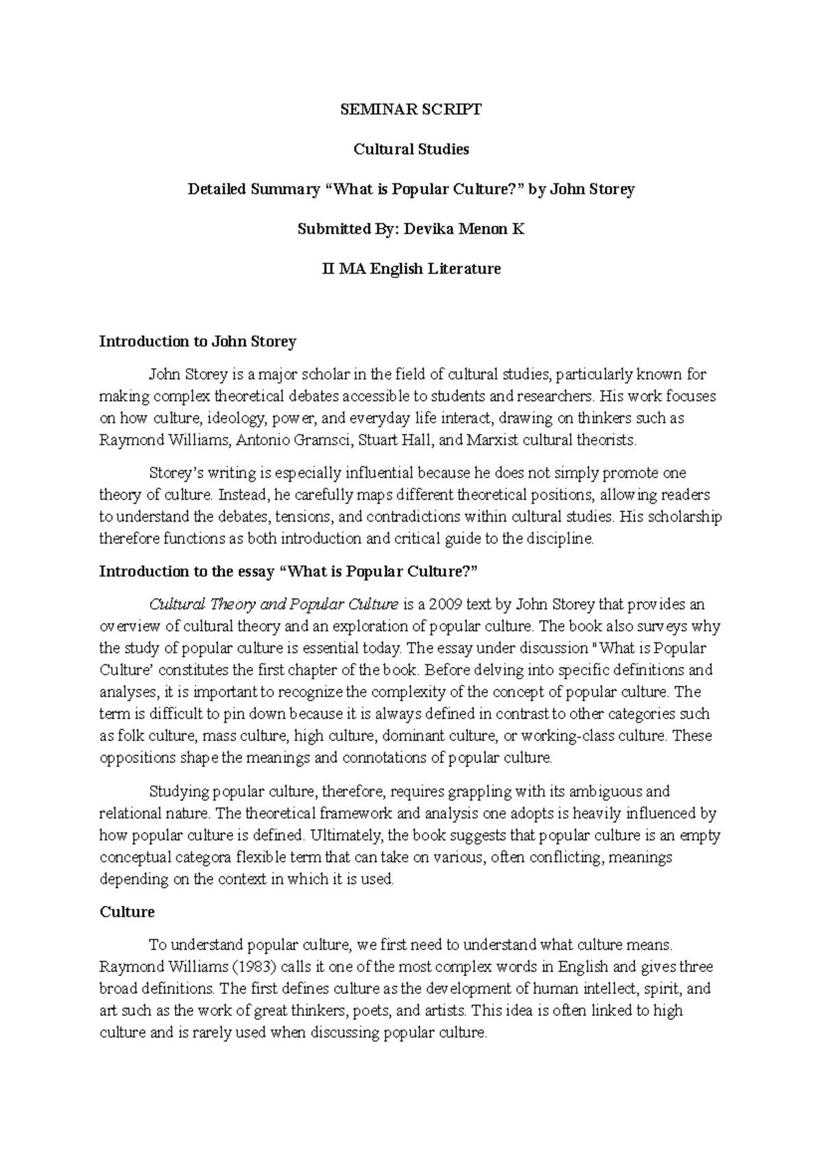 Cultural Studies Seminar Script: Summary of John Storey's 