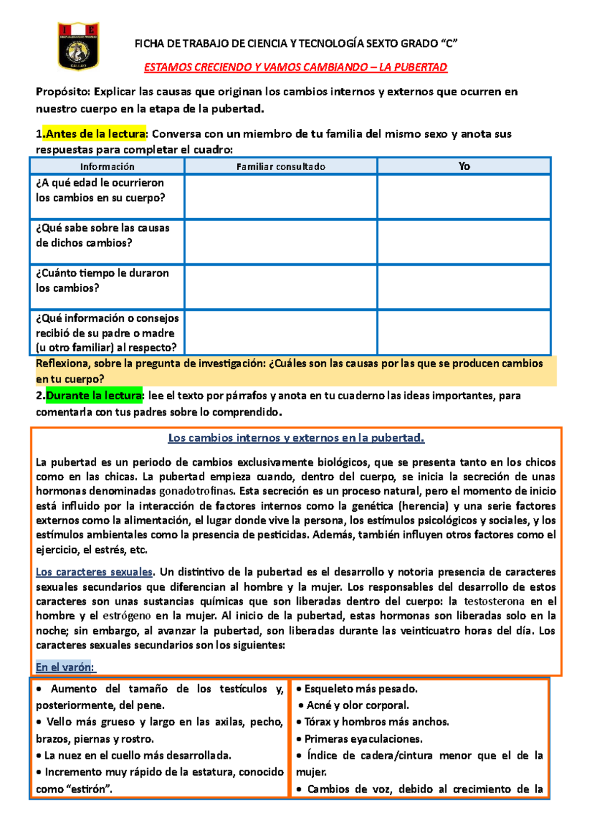 Ficha de Trabajo: Cambios en la Pubertad - Ciencia y Tecnología 6 ...
