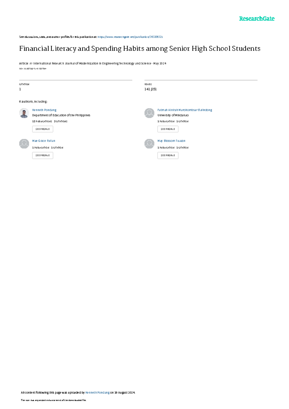 Financial Literacy And Spending Habits A Study Of Shs Students Edu