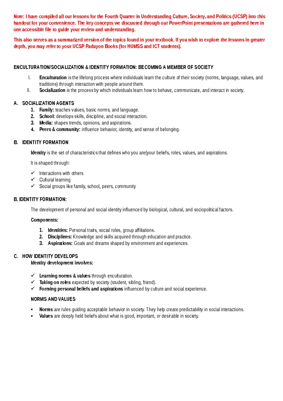 Compiled 4th Quarter UCSP Lesson Notes on Culture and Society - Studocu