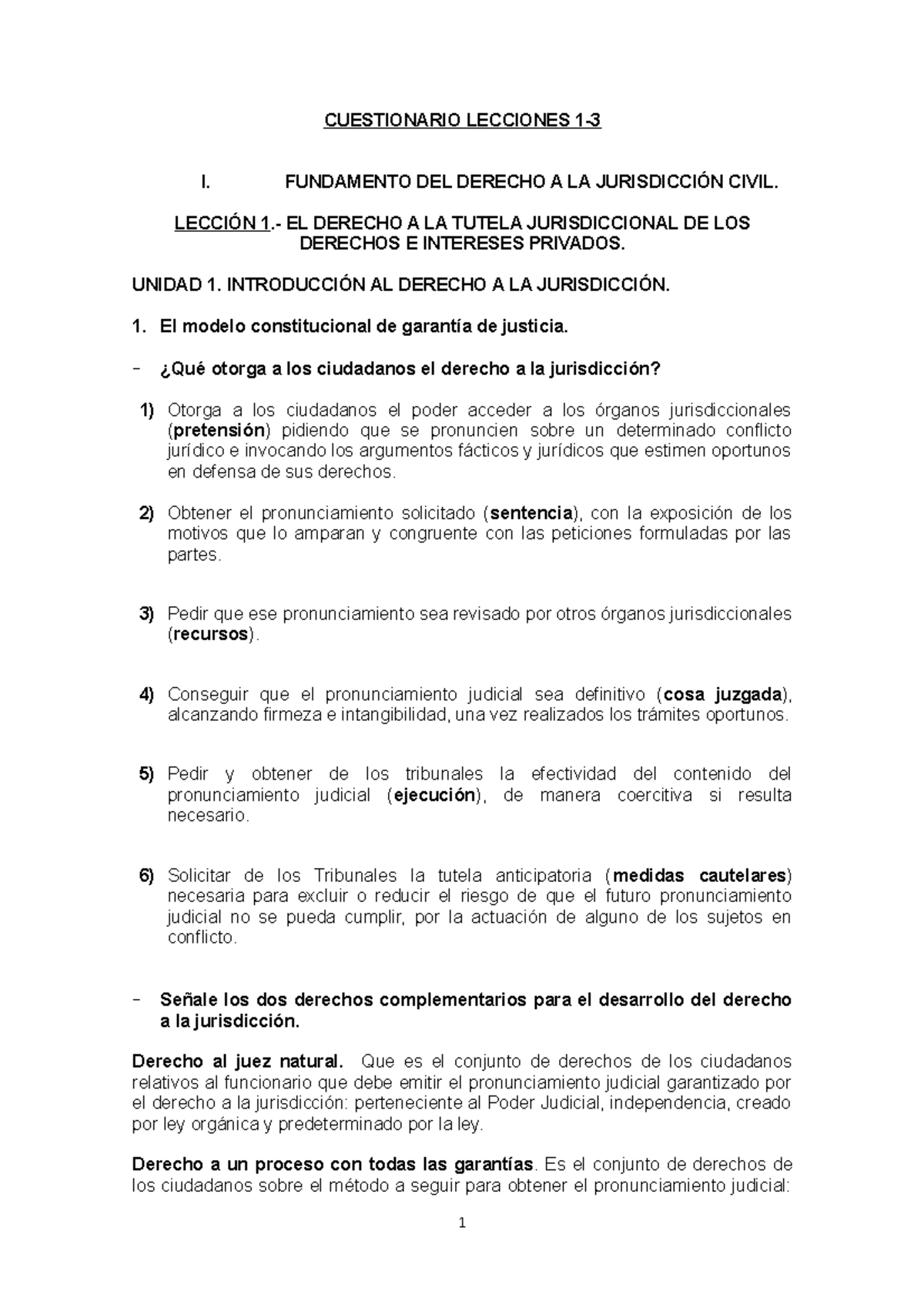 Cuestionarios Resueltos de Derecho a la Jurisdicción (LECC 1-3) - Studocu