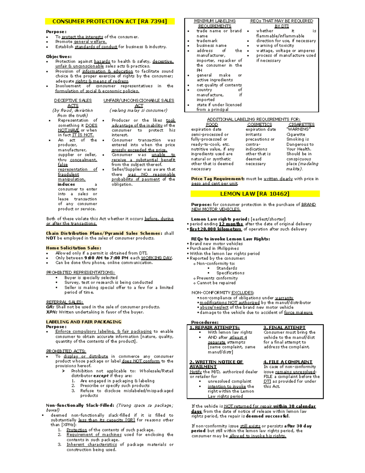 RFBT 8-15-25: Last Minute Study Notes on Consumer Protection Act - Studocu