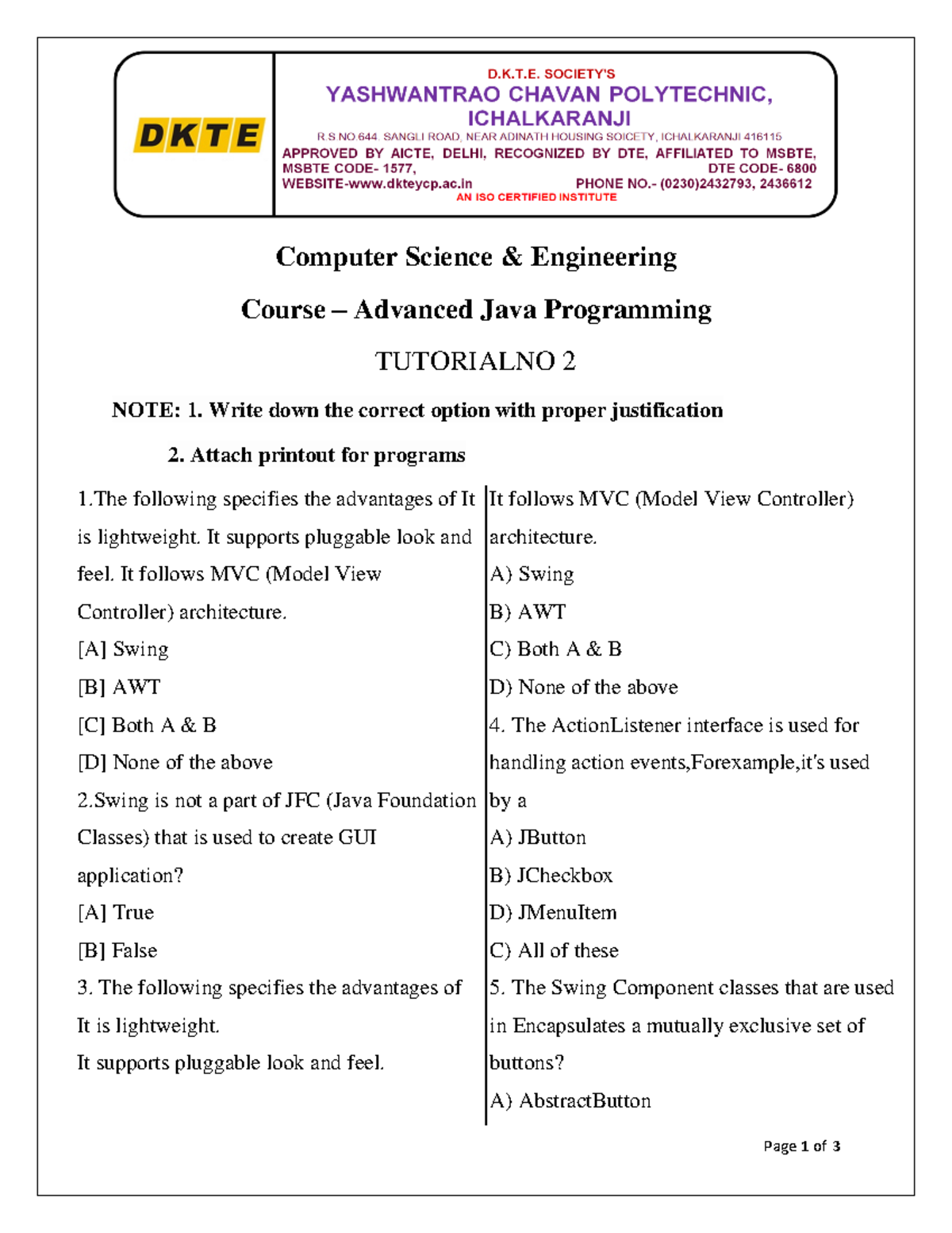 Tutorial NO 2 CH 2-1 - AJP - Page 1 of 3 Computer Science & Engineering ...