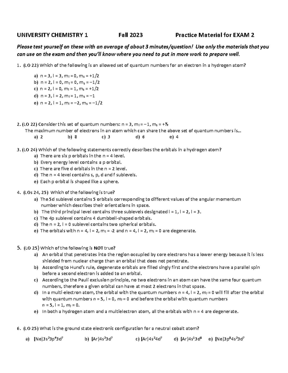 CHEM 1 Fall 2023 Practice Material for Exam 2 Review - Studocu