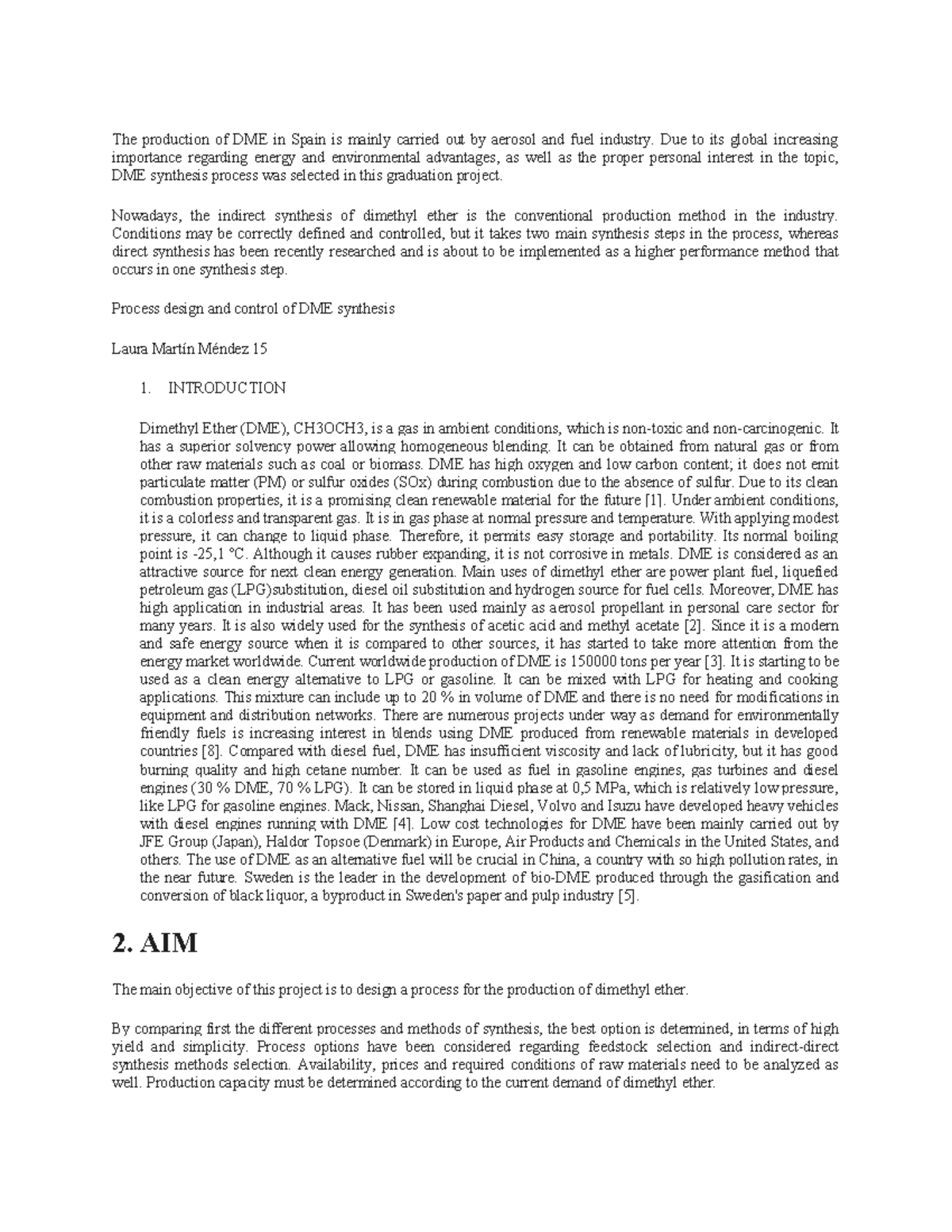 Process Design and Control of DME Synthesis in Spain - Graduation Project - Document Preview