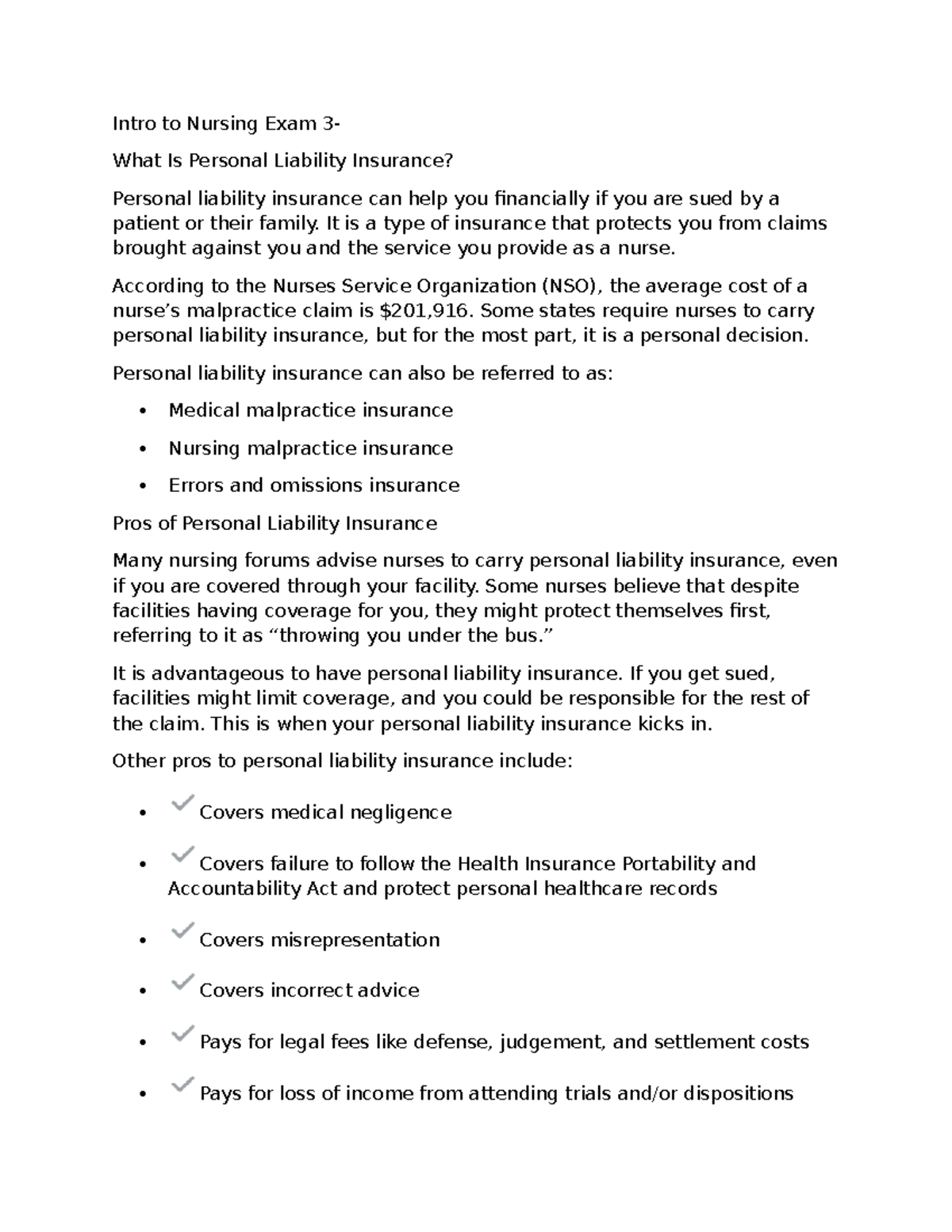 Intro to Nursing Exam 3: Understanding Personal Liability Insurance ...