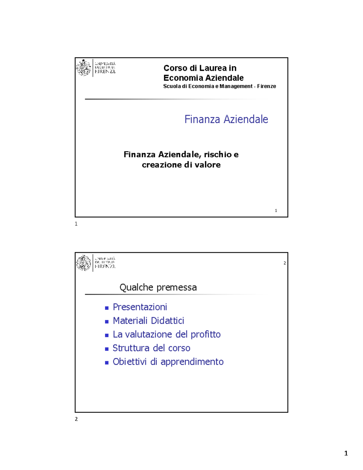 slides lezione dei capitoli 1 e 2 di finanza aziendale. ottime per la ...