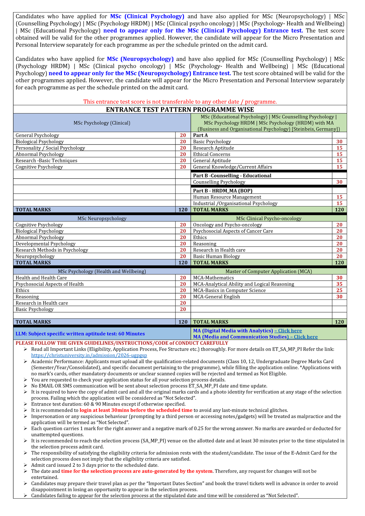 MSc Psychology Entrance Test Guidelines and Selection Process - Studocu
