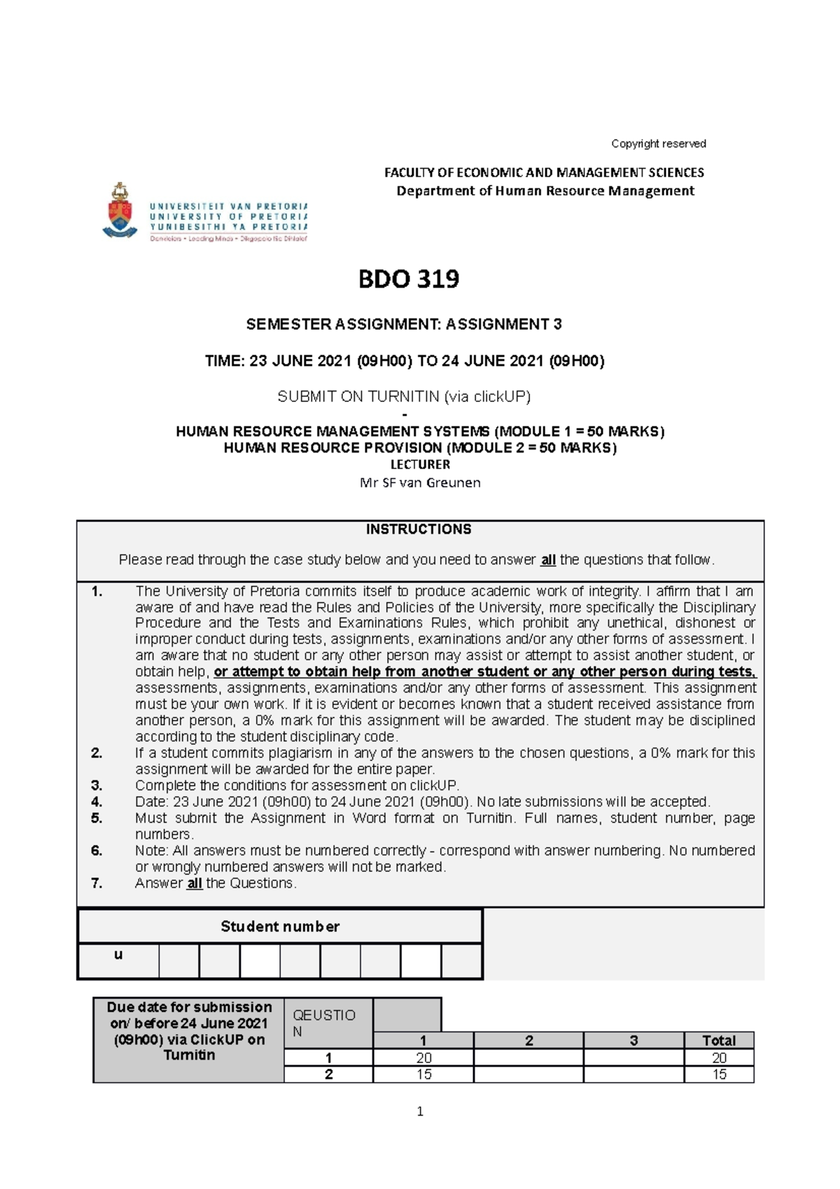 UP BDO319 Assignment 3 23June2021 docx - Copyright reserved FACULTY OF ...