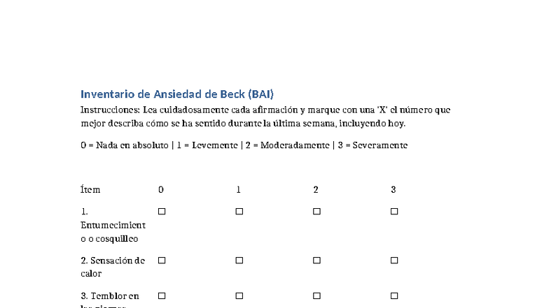 Inventario de Ansiedad de Beck (BAI) con Casillas de Respuesta - Studocu