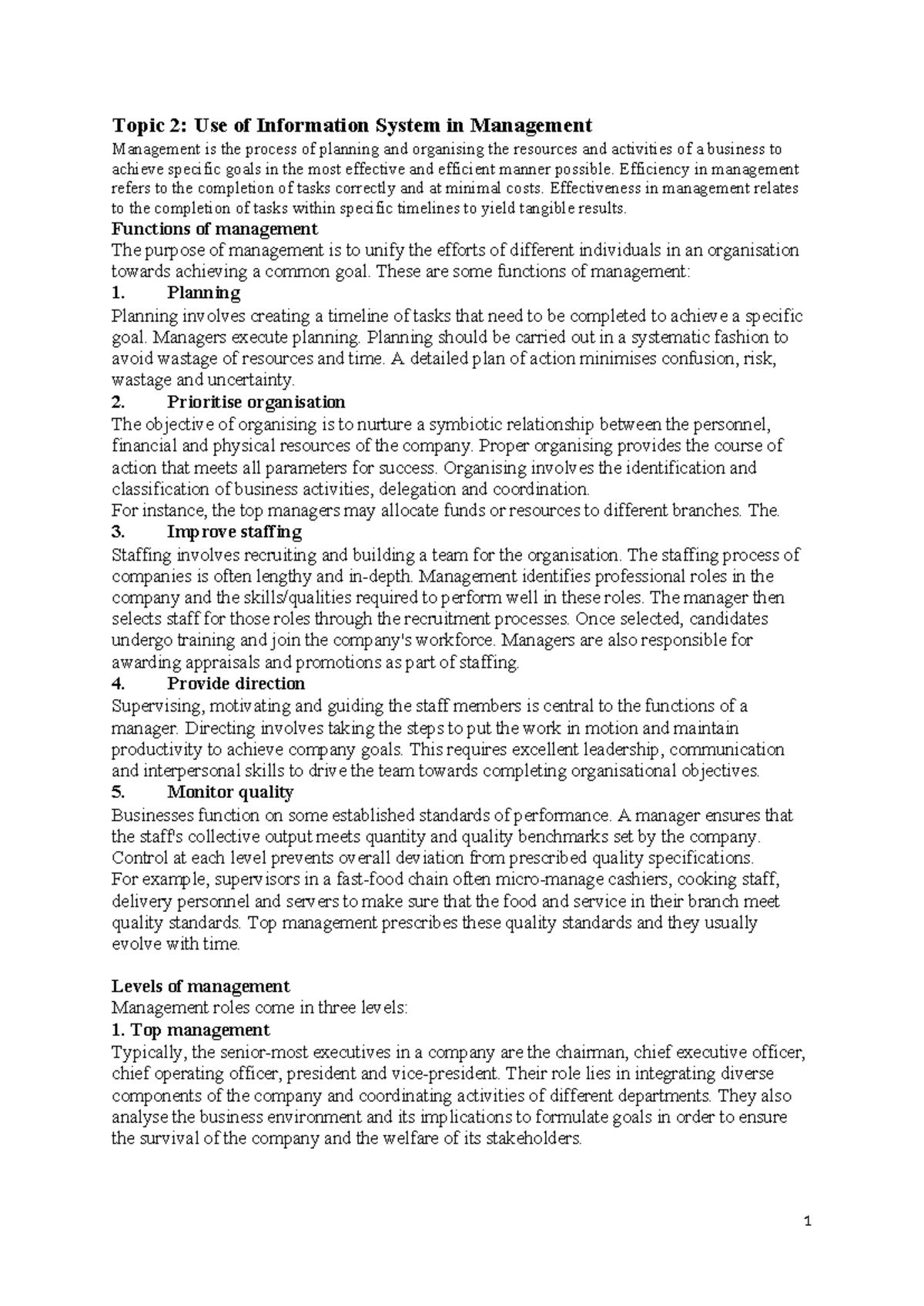 Topic 2: Use of Information Systems in Management - Final Exam Notes ...