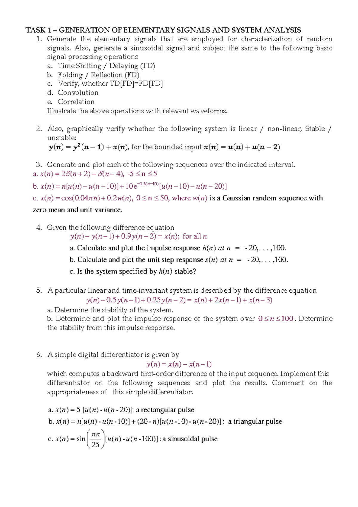 Digital Signal Processing Lab QP 1: Analysis of Elementary Signals and ...
