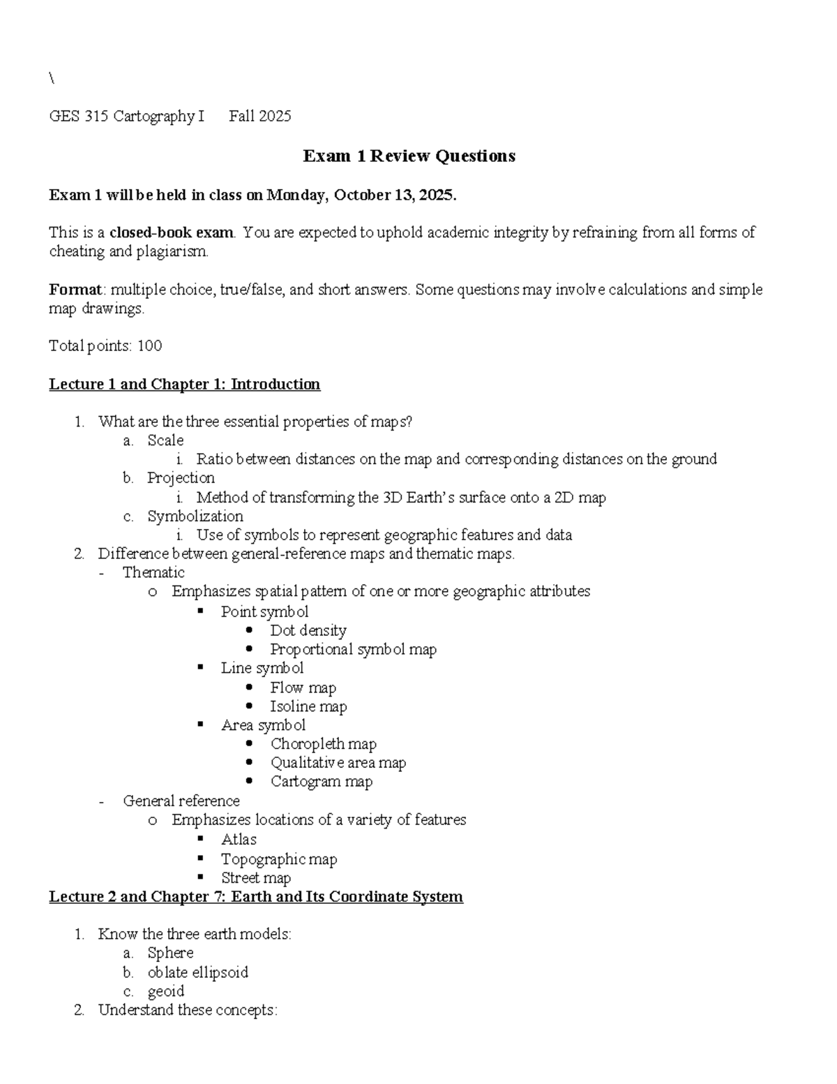GES 315 Cartography I Fall 2025 Exam 1 Study Guide - Studocu