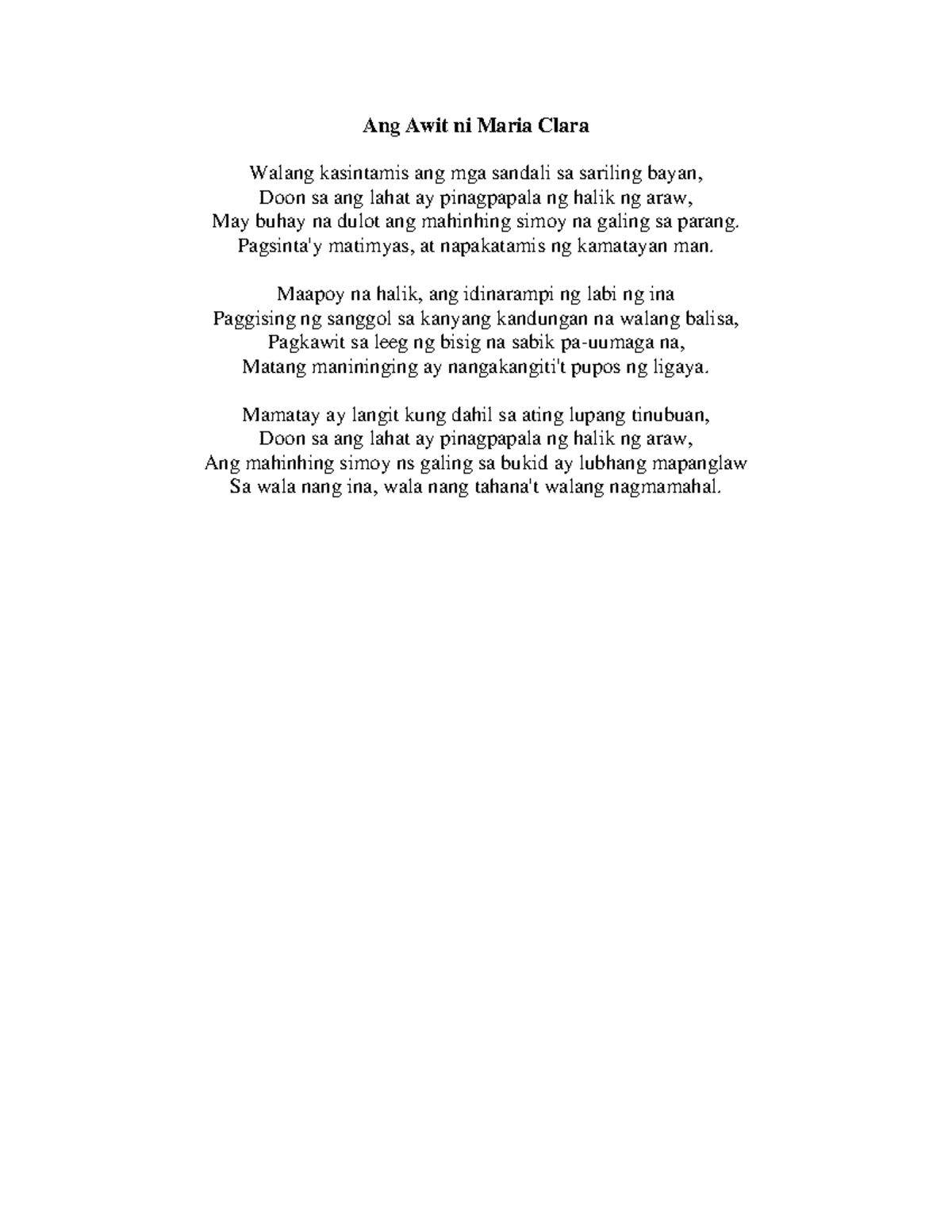 Ang Awit ni Maria Clara Rizal Literature - Ang Awit ni Maria Clara ...