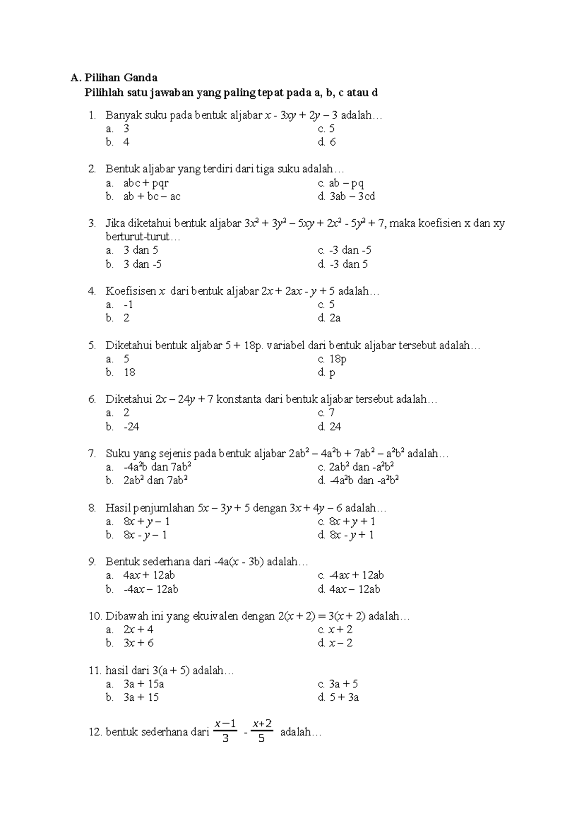Soal Matematika PAT 7C dan 7D: Pilihan Ganda dan Isian - Studocu