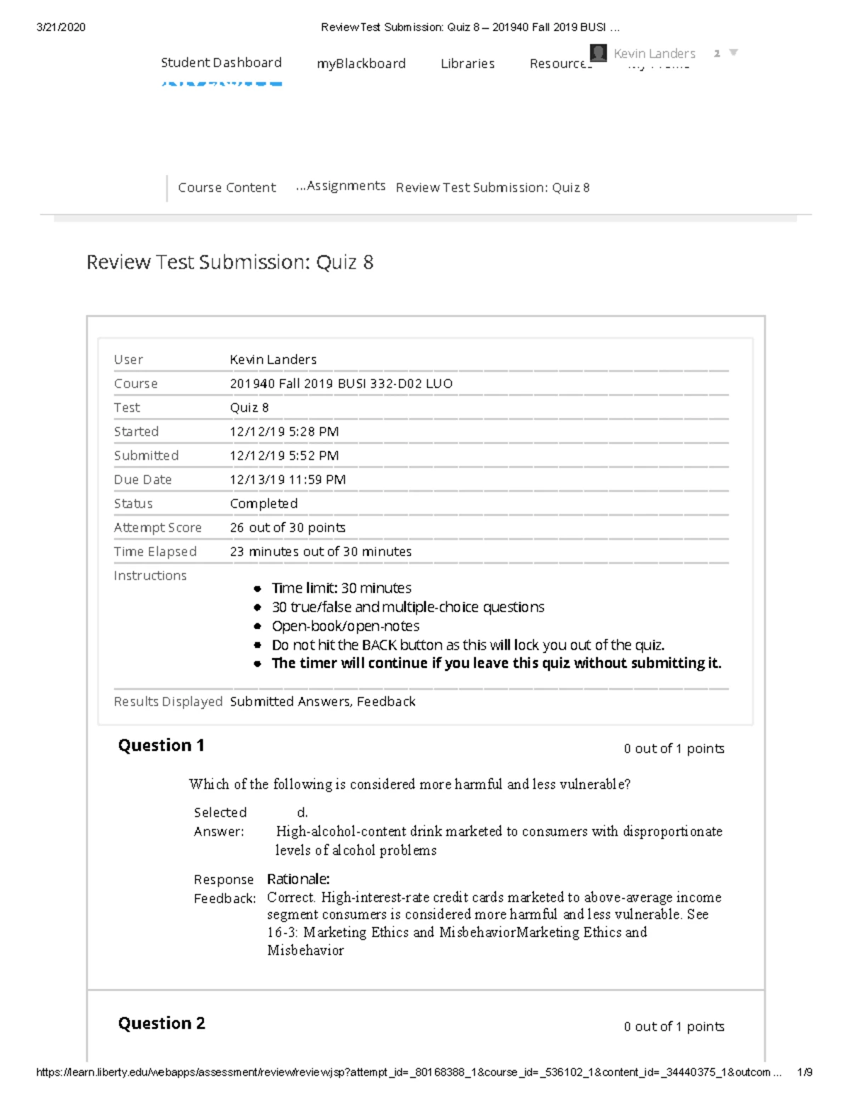 Review Test Submission Quiz 3 – 2019 40 Fall 2019 BUSI - Course Content ...