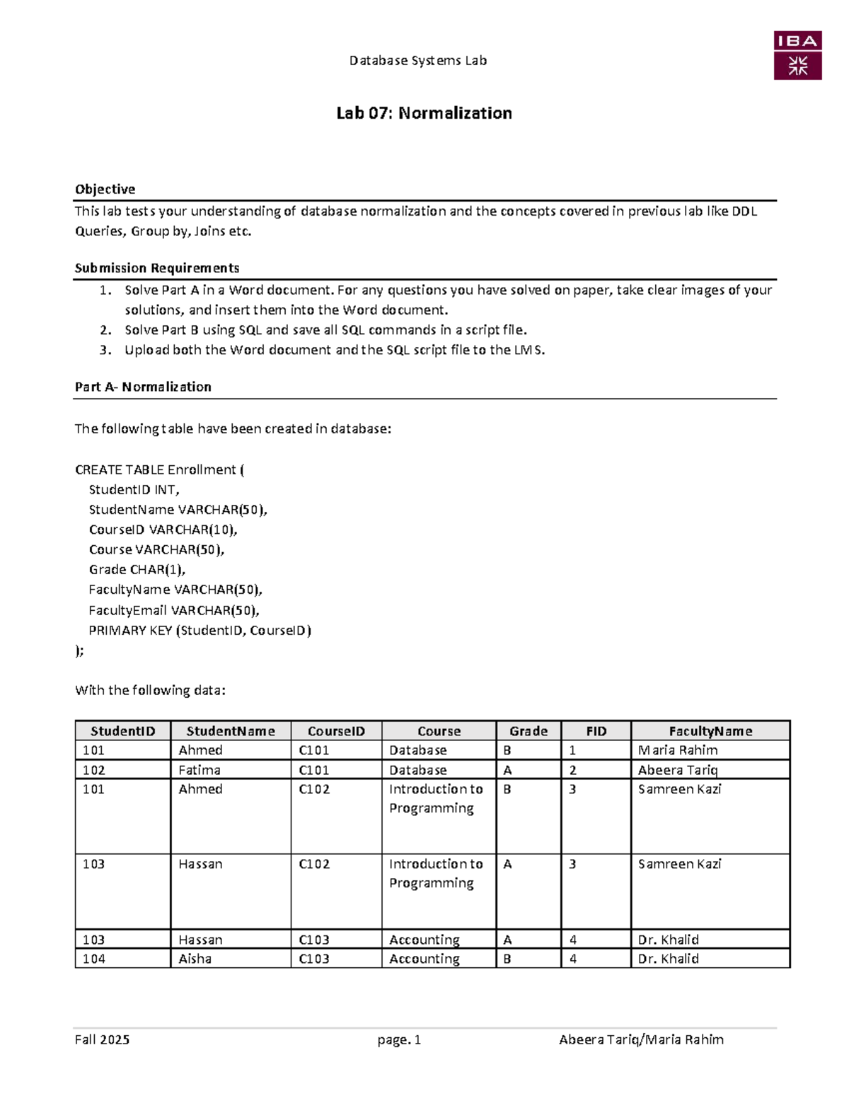 Database Systems Lab 07: Normalization and SQL Queries - Studocu