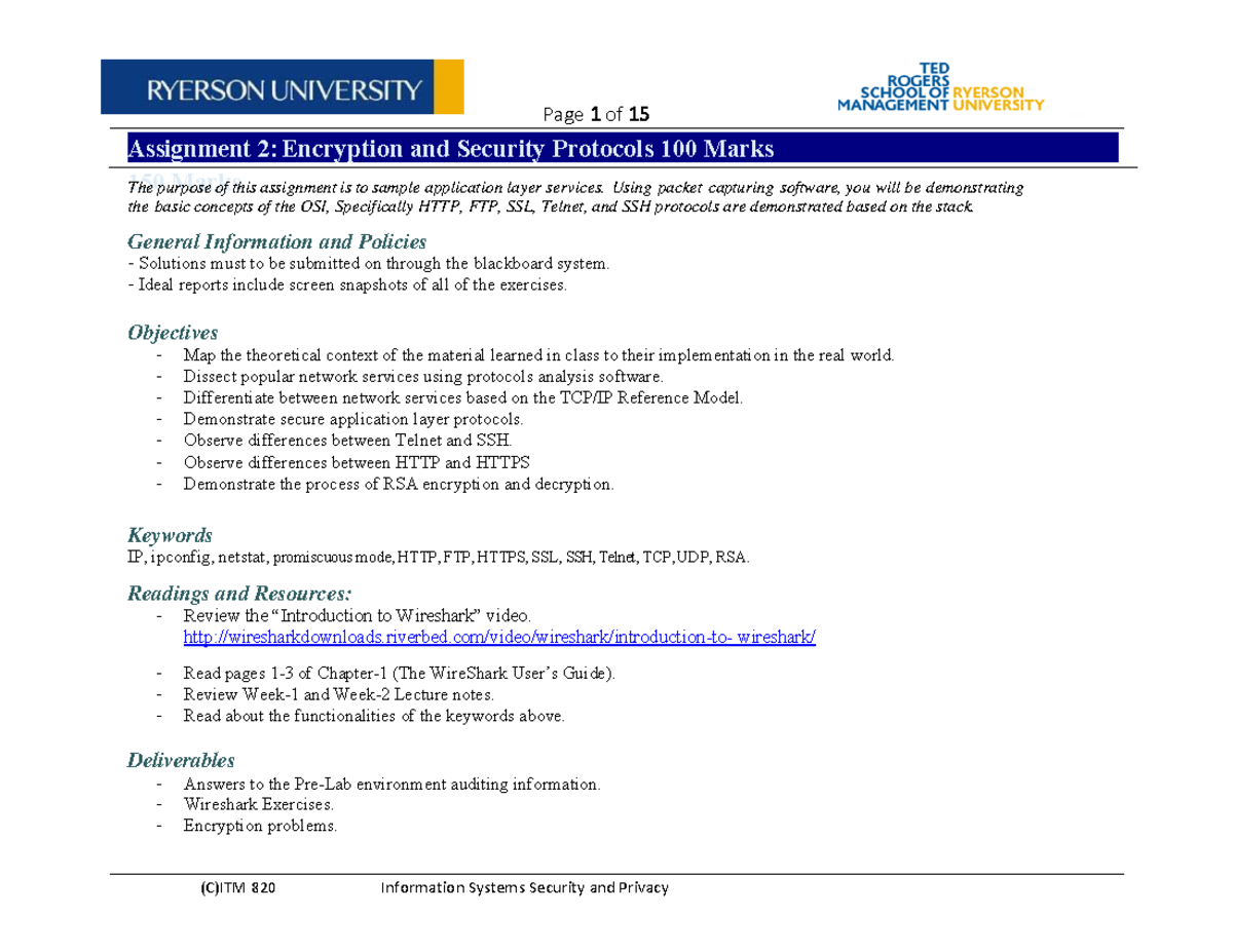 ITM820 Assignment 2 - Packet Analysis: Encryption & Security Protocols ...